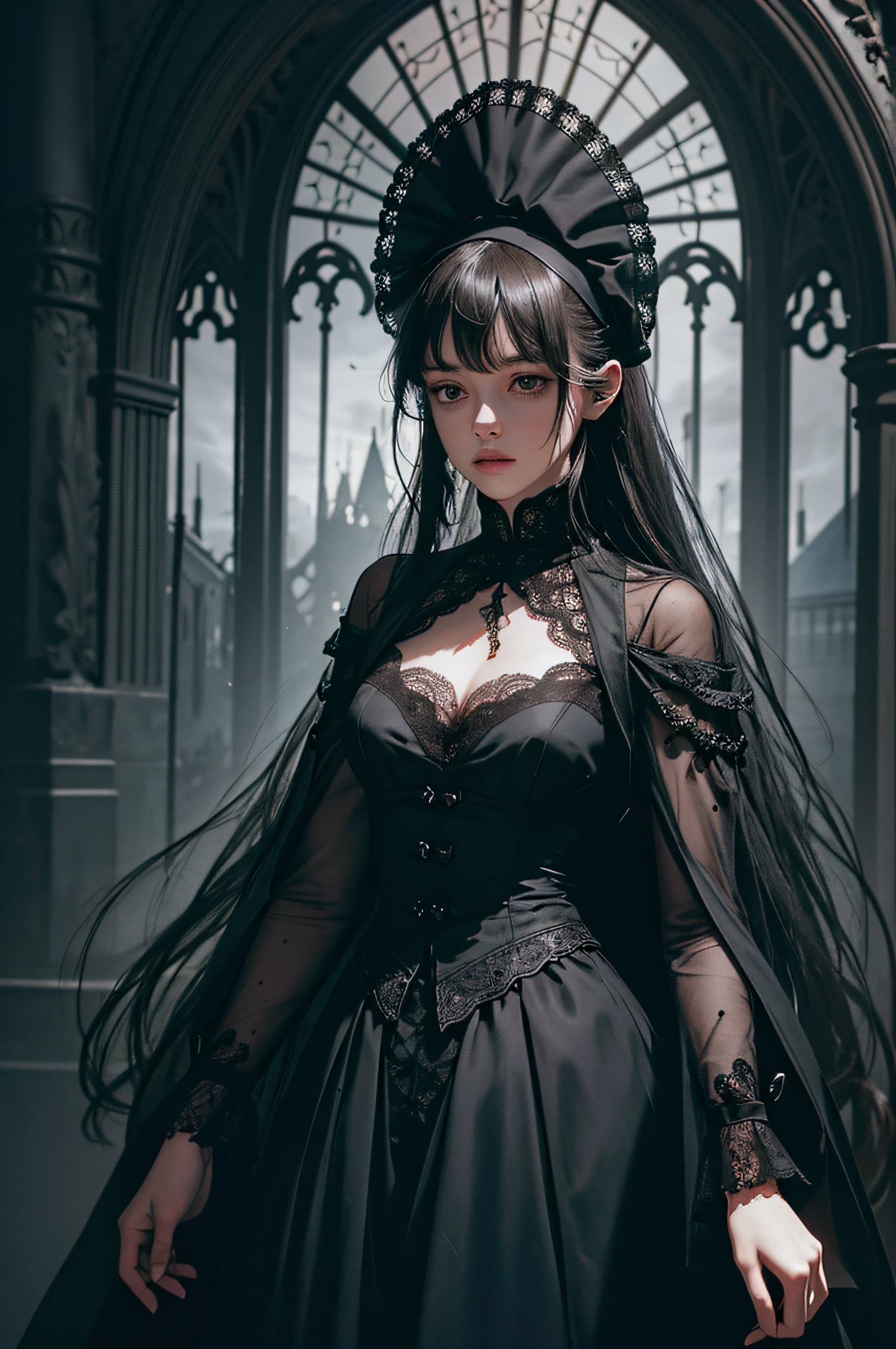 Official Art, Unity 8k wallpaper, super detailed, beautiful, beautiful, masterpiece, best quality,
darkness, atmosphere, mystery, romanticism, creepy, literature, art, fashion, victorian, decoration, intricacies, ironwork, lace, contemplation, emotional depth, supernatural,
1 girl, solo, neck, full body composition