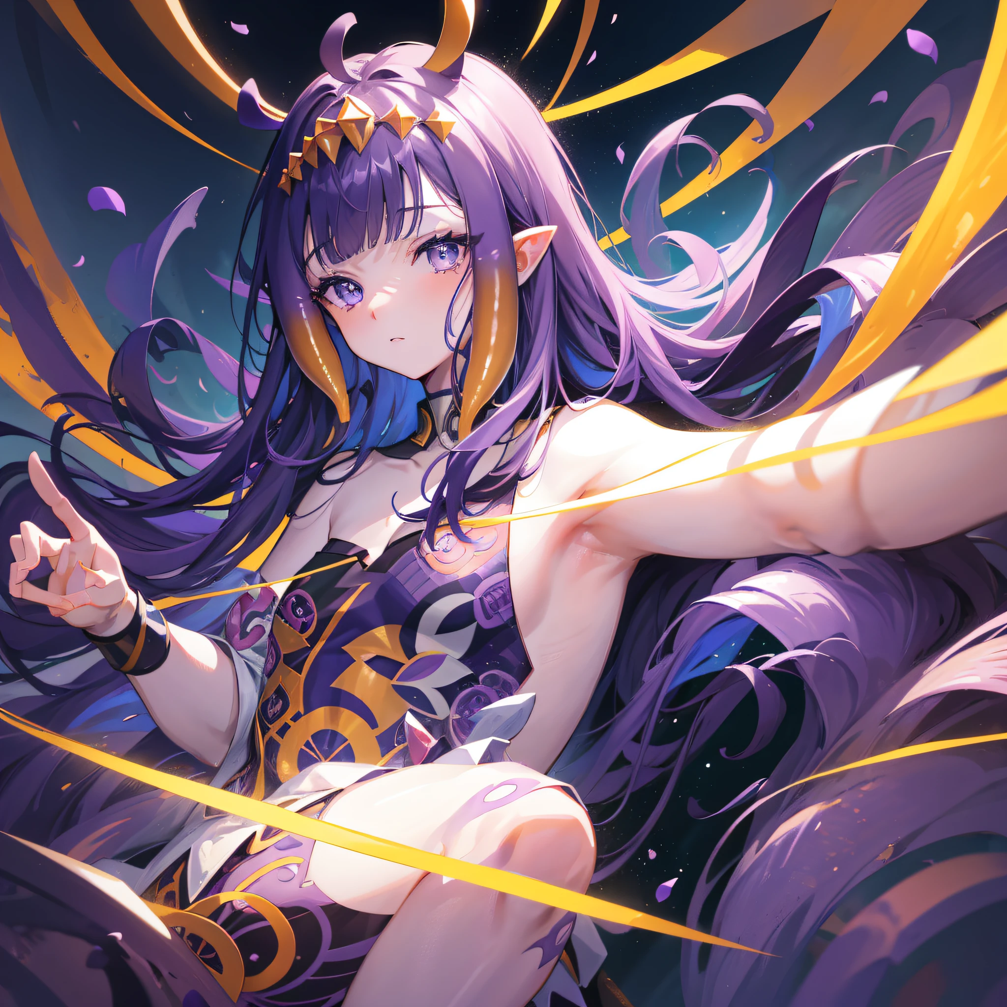 (人物: Ninomae Ina'Nis), {purple hair}, tentacle hair, purple eyes, a golden tiara, {{masterpiece}}, best quality, extremely detailed CG unity 8k wallpaper, cinematic lighting, lens flare, beautiful detail eyes, side glance, colorful light, particles, a girl, solo,