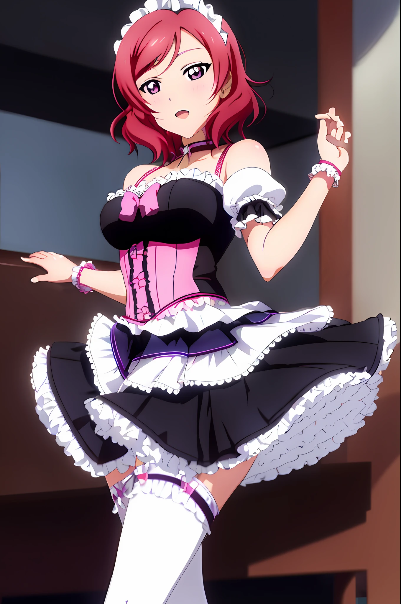 nishikino_maki,  1girl, solo, anastasia (idolmaster), idolmaster cinderella girls, purple eyes, shorts, short hair,  red hair, MaidSirius, 1girl, breasts, sirius_(azur_lane), solo, underwear, panties, cleavage, large_breasts, looking_at_viewer, side-tie_panties, dress, lying, choker, short_sleeves, hair_between_eyes, pink_panties, on_back, hairband, anchor_choker, apron, clothes_lift, maid, blush, frills, thighhighs, open_mouth, collarbone,