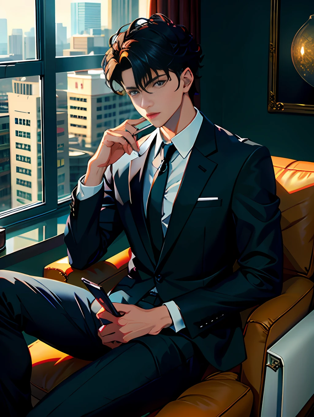 A handsome boy, 20 years old, sitting on a luxury sofa in the office, behind a floor-to-ceiling window, a serious face, medium hair, wearing a black suit and shirt, holding a mobile phone in his hand to make a call