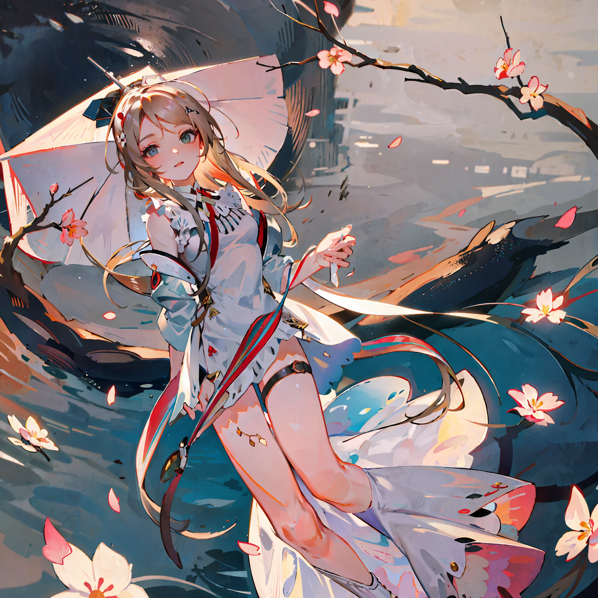 Lake, white dress, umbrella, back, long hair, peach blossom tree