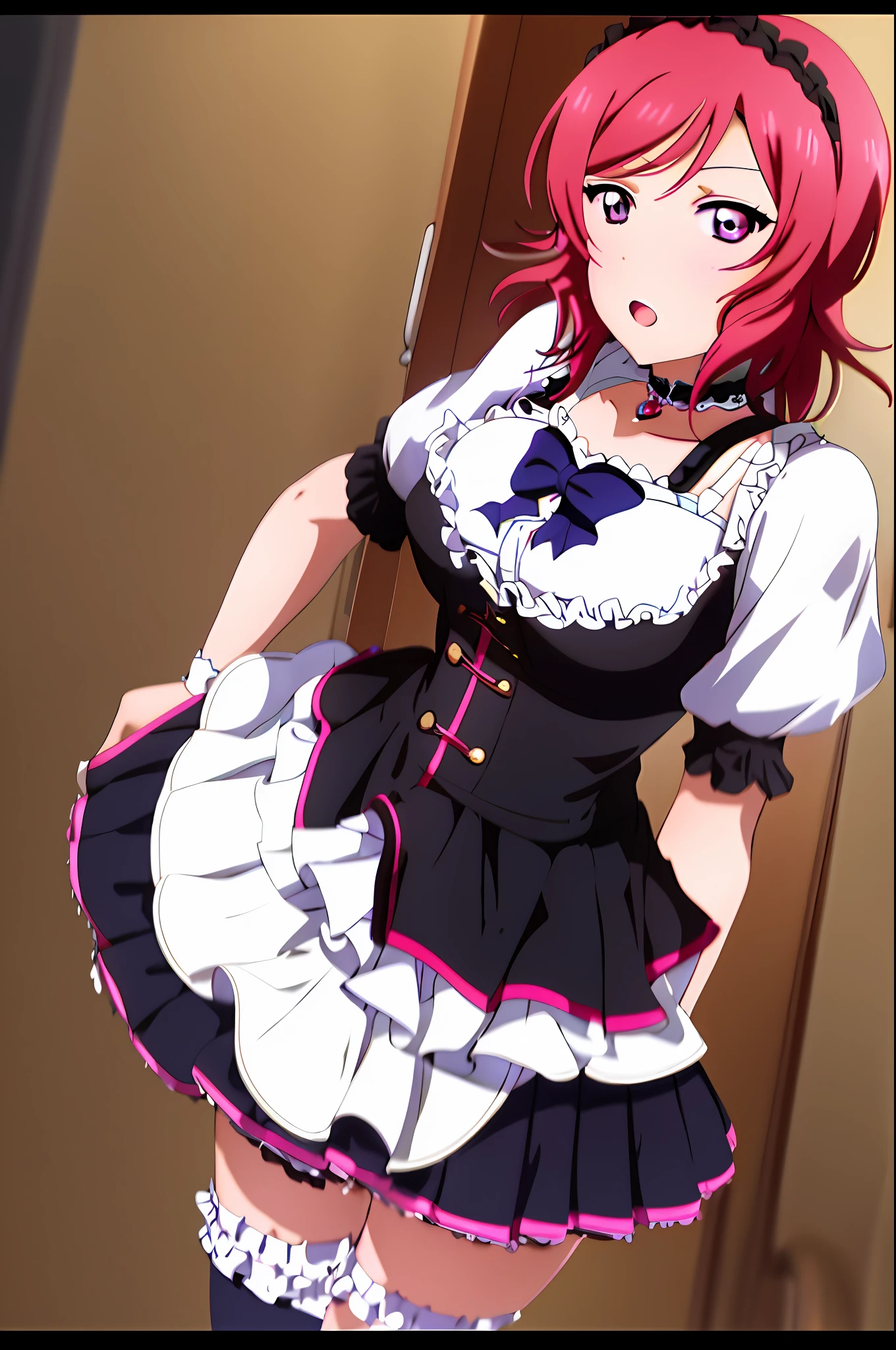 nishikino_maki,  1girl, solo, anastasia (idolmaster), idolmaster cinderella girls, purple eyes, shorts, short hair,  red hair, MaidSirius, 1girl, breasts, sirius_(azur_lane), solo, underwear, panties, cleavage, large_breasts, looking_at_viewer, side-tie_panties, dress, lying, choker, short_sleeves, hair_between_eyes, pink_panties, on_back, hairband, anchor_choker, apron, clothes_lift, maid, blush, frills, thighhighs, open_mouth, collarbone,