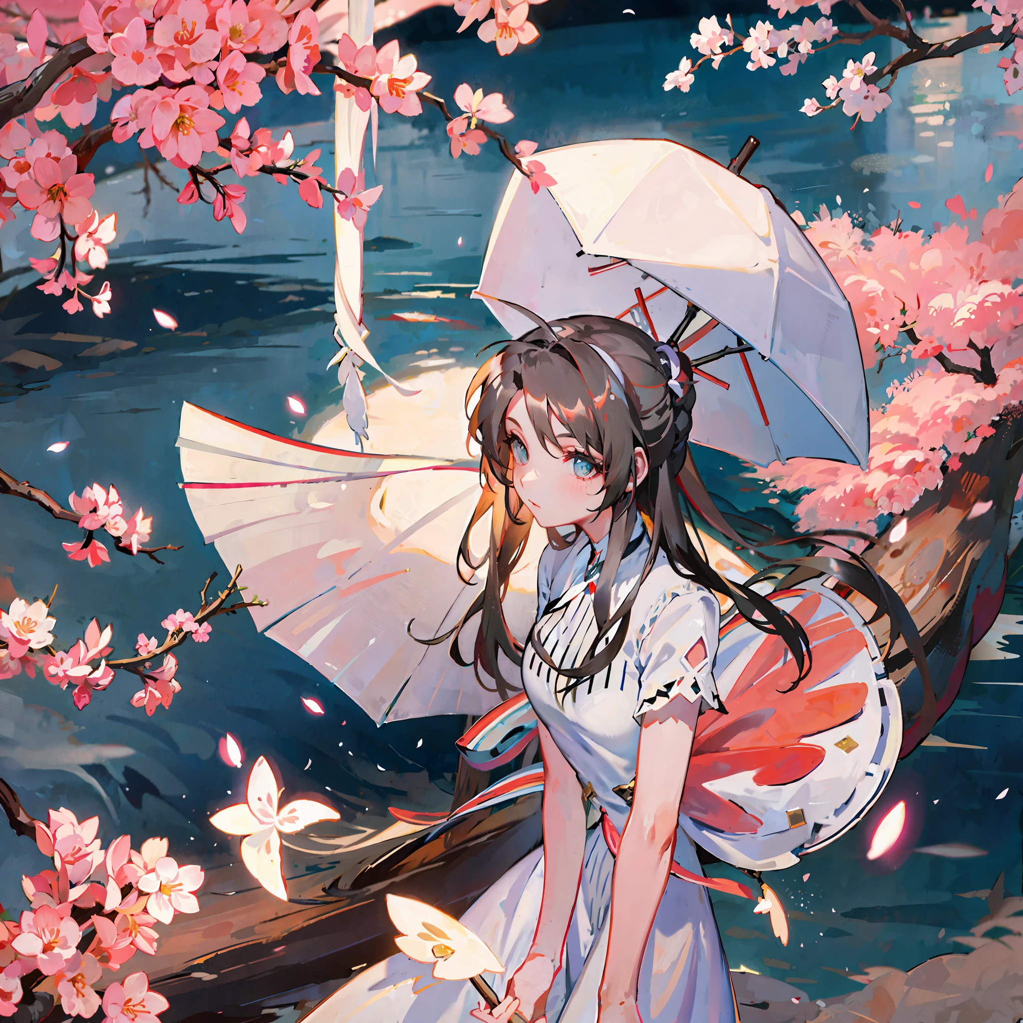 Lake, white dress, umbrella, back, long hair, peach blossom tree