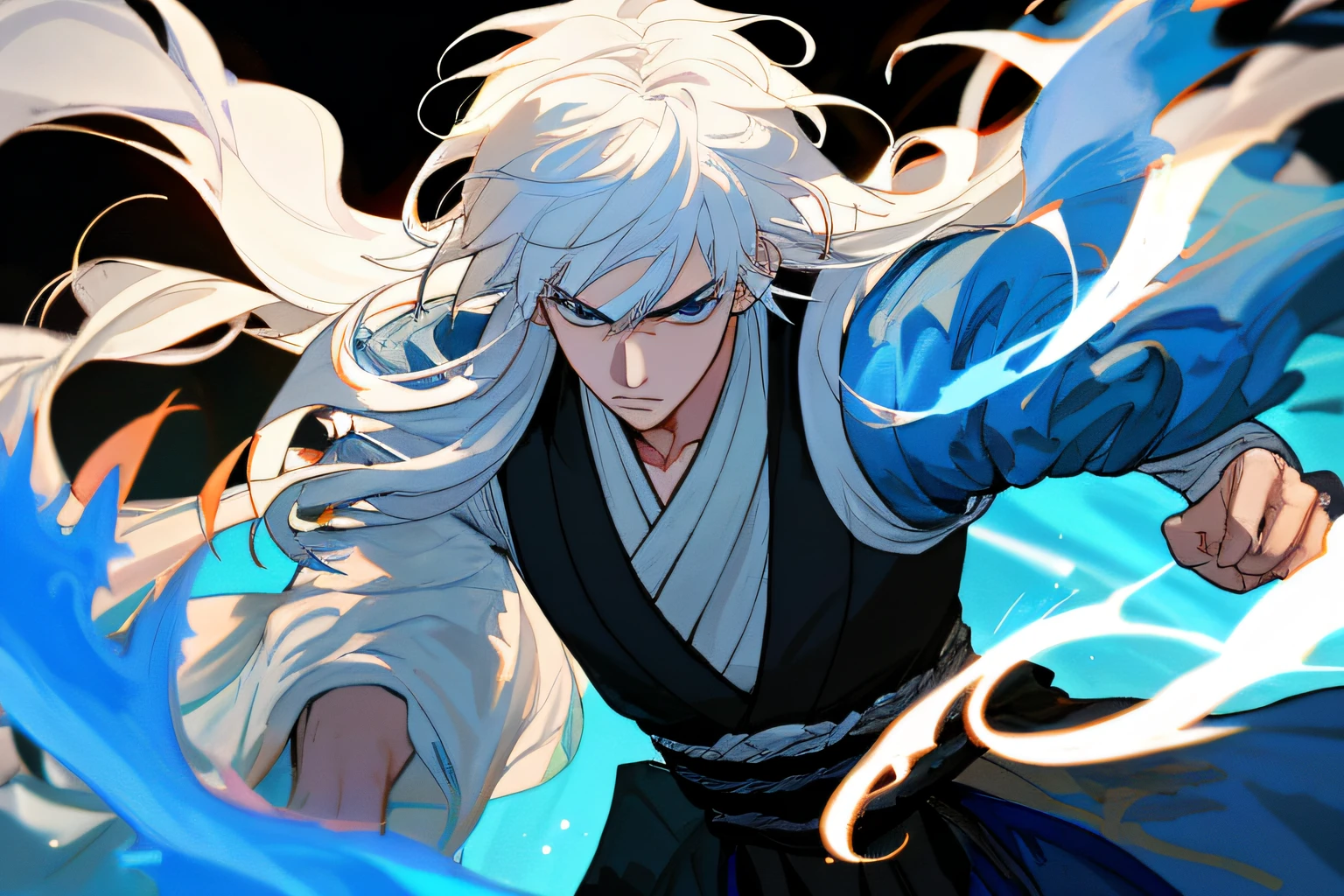 Wuxia, Myth, HD, Palace, (close-up of 1 boy, angry, jumping,), contrast style, (very detailed CG unified 8k wallpaper), whole body, CGSociety hit, complex, high detail, clear focus, dramatic, 1 boy, Long hair, white hair, blue eyes, blue flame, hair ornaments, single focus, looking at the audience, white hair, flame, Upper body, panoramic view,