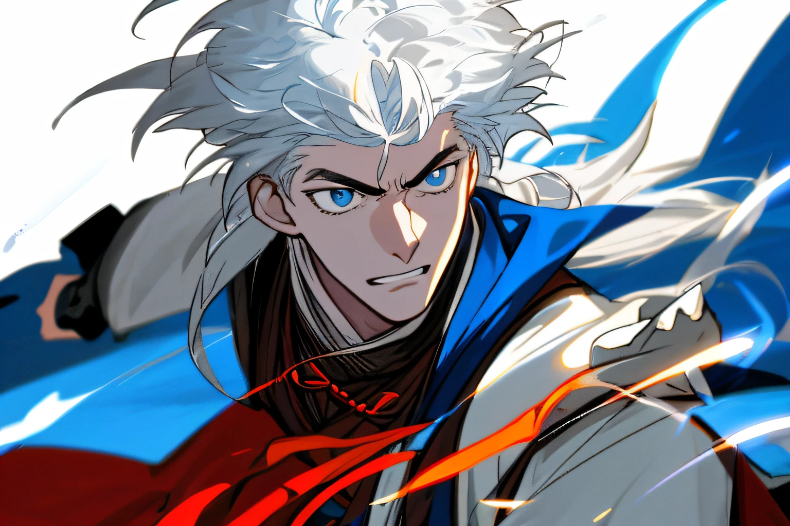 Wuxia, Myth, HD, Palace, (close-up of 1 boy, angry, jumping,), contrast style, (very detailed CG unified 8k wallpaper), whole body, CGSociety hit, complex, high detail, clear focus, dramatic, 1 boy, Long hair, white hair, blue eyes, blue flame, hair ornaments, single focus, looking at the audience, white hair, flame, Upper body, panoramic view,