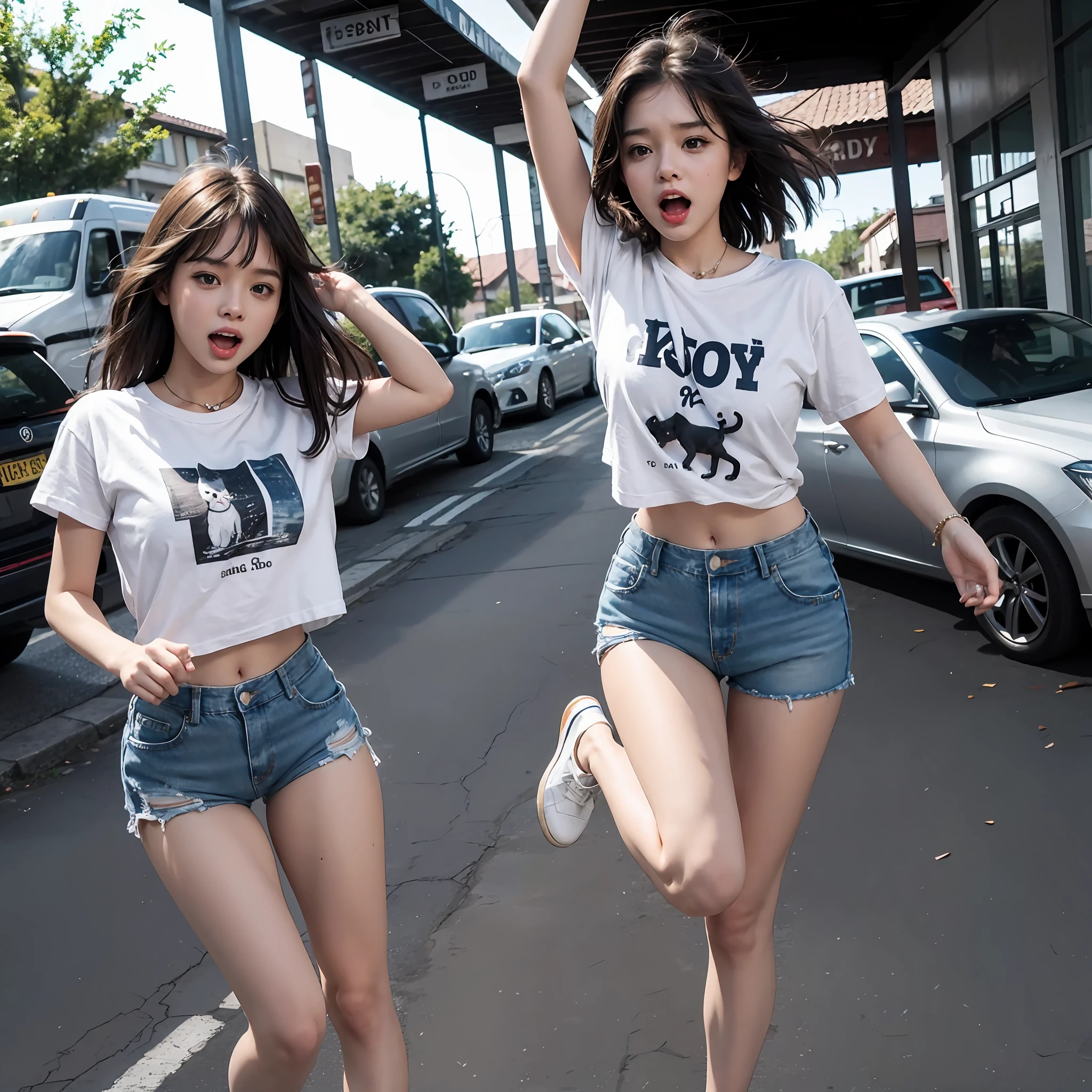 Kitten jumping, jumping up, screaming, young beautiful and cute, one girl, short t-shirt that makes you hungry, denim shorts