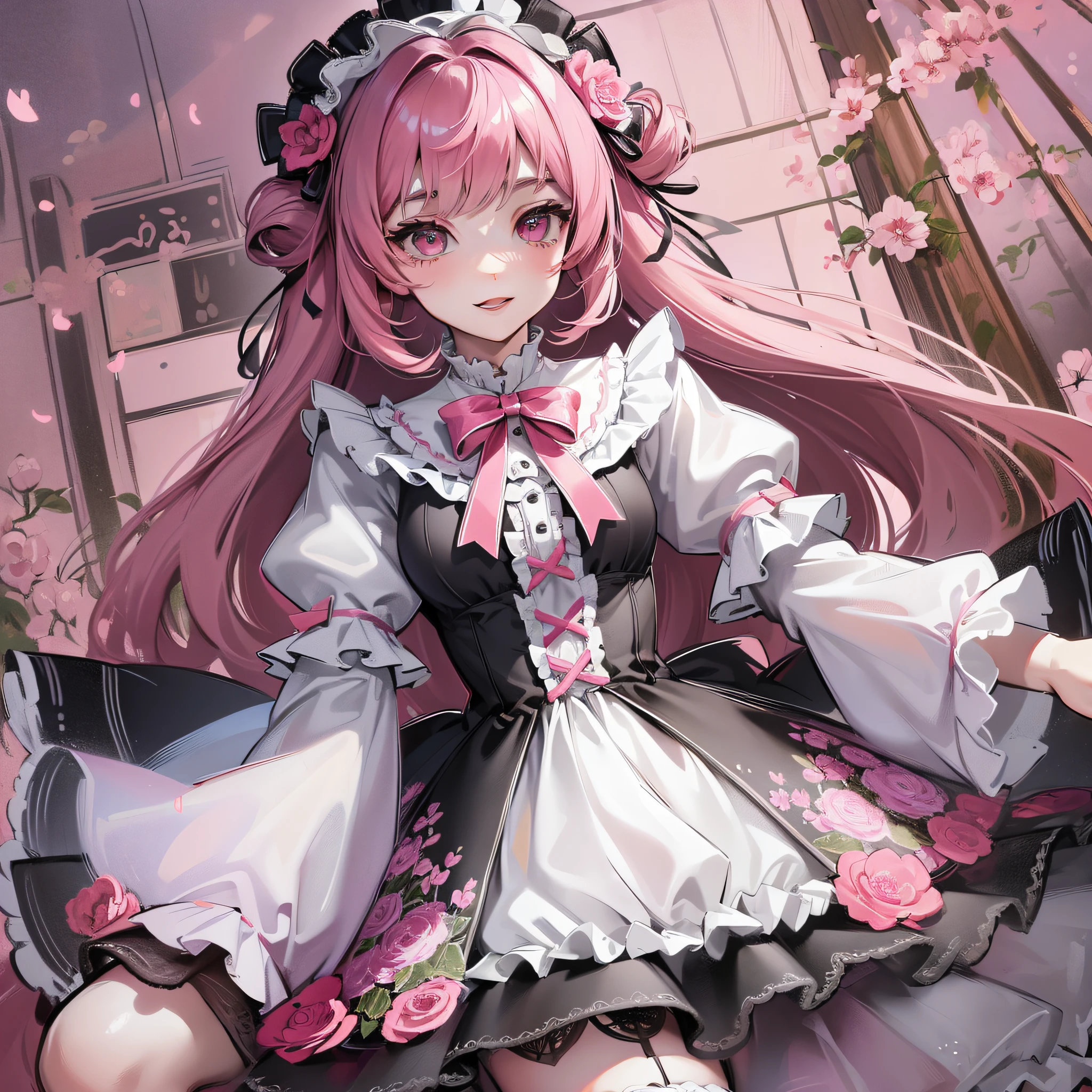 (Best Quality:1.5, Vivid:1.1, Detailed:1.2), Close-up of camera angle, Fresh girly smile, Lolita dress lace, long legs exposed, pink garland, mysterious atmosphere