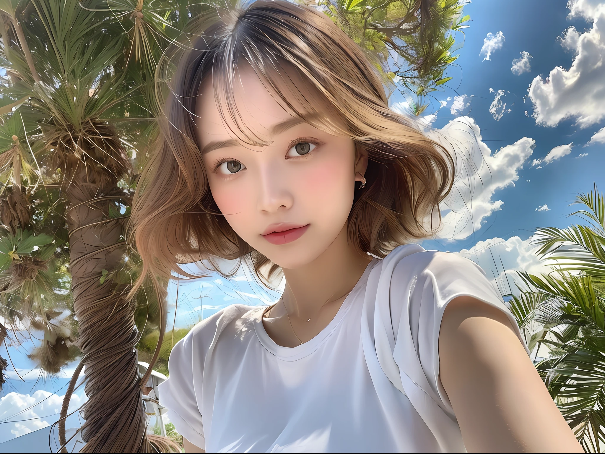 (8k, highest quality, masterpiece: 1.2), (hair_style), (realistic, photorealistic: 1.37), plump eyes, highest quality, masterpiece, in the summer sun, sky and sea background, shot on wooden deck, [small breasts], backlit, shooting from the waist up, camera angle from below, pose with hair raked up with hands, shot in natural light from morning to noon, Hairstyles and fashion styles that match the Japan trends of 2023, realistic, super detailed, 30s, actress, half Japanese and Russian half model, elaborate CG, slender, adorable, hairstyle matches the fashion of Japan in 2023 layer cut that flutters in the wind, delicate skin type, fine details and softness, model hair color is bright and soft, Choose a short-length T-shirt that matches the summer trends of 2023 and pair it with pale pastel colors for surf fashion.
