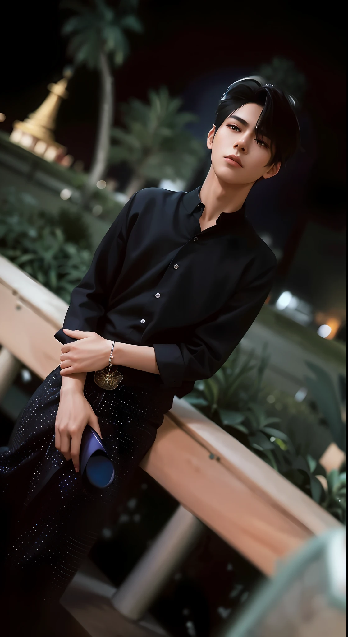arafed man sitting on a bench with a black shirt and tie, beautiful androgynous prince, delicate androgynous prince, profile pic, androgyny, ✨🕌🌙, profile picture, androgynous male, wearing a black shirt, nivanh chanthara, mid shot portrait, androgynous person, androgynous, profile image