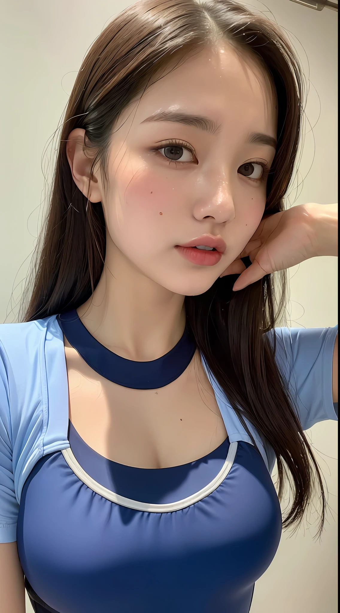 ((top quality, 8K, masterpiece: 1.3)), beautiful woman with perfect figure: 1.4, dark brown hair, big, exposed cleavage, shirt in uniform (shirt lift: 1.3), showing off the intramural competition (school swimsuit: 1.2) ((school swimsuit: 1.2) visible from the flipped shirt), (wrinkled shirt), very detailed face and skin texture, detailed eyes, Double eyelids, wet body:1.2,(sweat breasts:1.2)