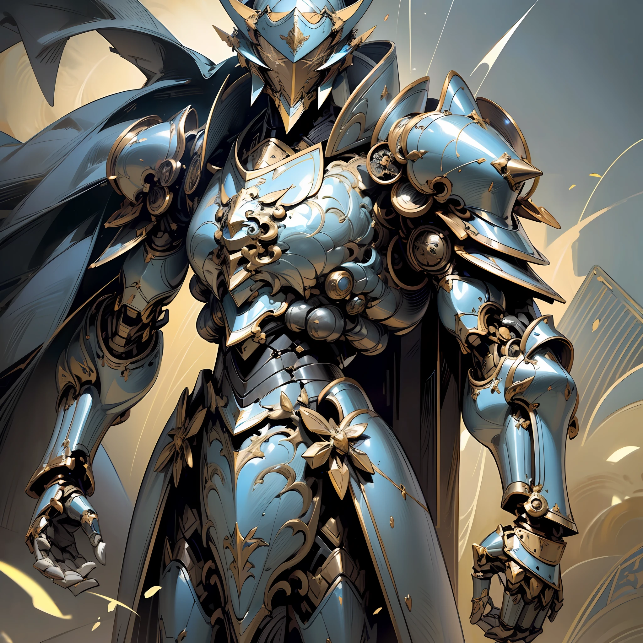(Masterpiece, best quality:1.2),Anime knight,long English sword on the back, mechanical paladin, celestial knight,commanding the power of reality,black armour,blue outlines, wearing a cape, mechanical armour, mechanical marvel,highest quality digital art, Stunning art, wallpaper 4k,8k,64k, HD, unparalleled masterpiece, dynamic lighting, cinematic, epic