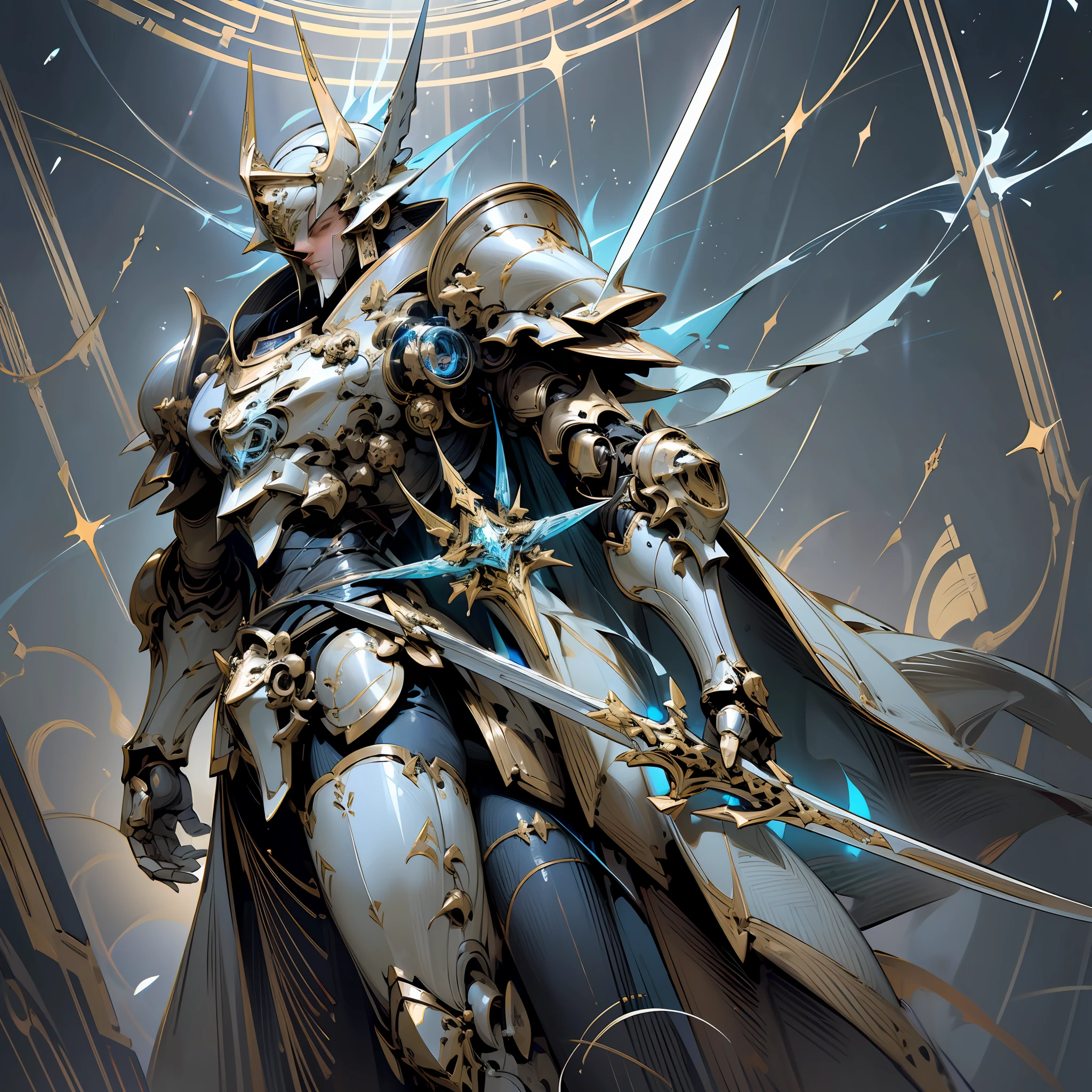 (Masterpiece, best quality:1.2),Anime knight,long English sword on the back, mechanical paladin, celestial knight,commanding the power of reality,black armour,blue outlines, wearing a cape, mechanical armour, mechanical marvel,highest quality digital art, Stunning art, wallpaper 4k,8k,64k, HD, unparalleled masterpiece, dynamic lighting, cinematic, epic