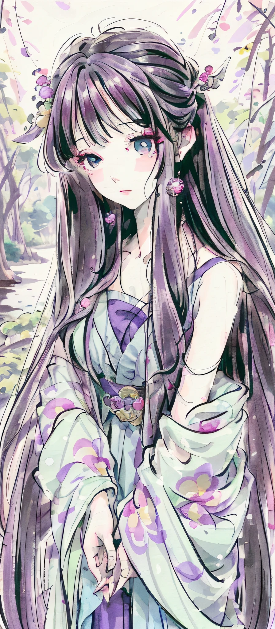 masterpiece, top quality, official art, 8k wallpaper, highly detailed illustration, single girl, long hair, pink tint, purple eyes, long hair, detailed eyes, forest, bare shoulders, han clothes, lake, pure, soft smile, wisteria flower, flower