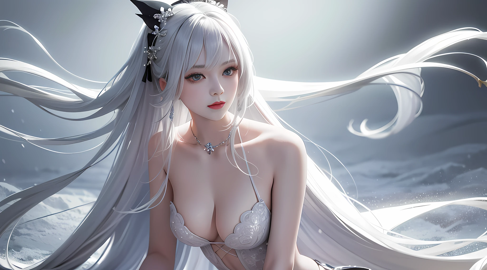 Long hair like snow appears in Güwetz art, bows dot its hair, nuanced style, by Yuyu wanders in the picture, delicate Yu, soft tones, as if the champion of the competition, perfect body proportions, sexy girls, seductive posture, long legs, realistic style.