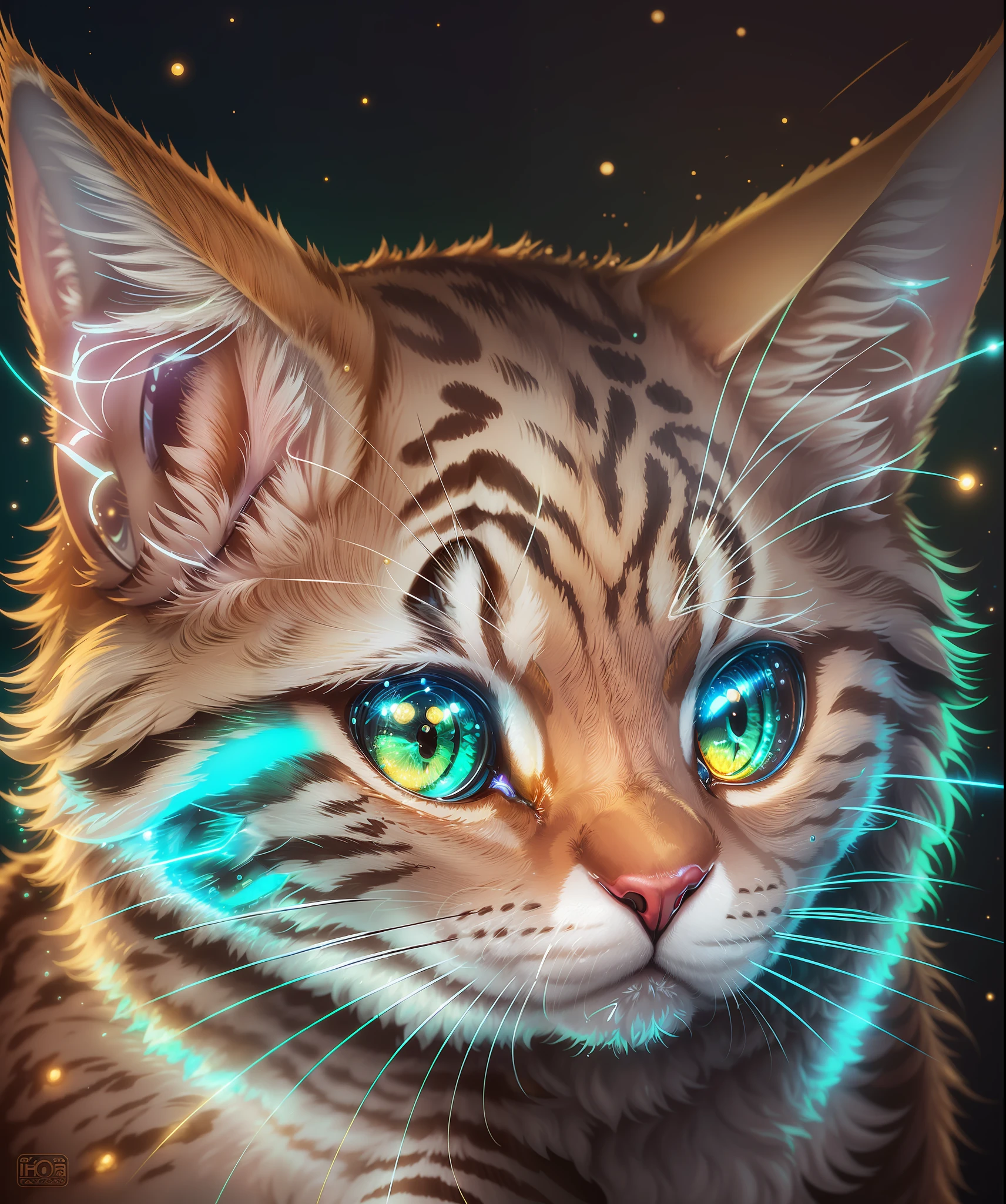 a cute cat, happy, fantasy!in the style of Otomo Katsuhiro, in a realistic hyper detailed render style, glow, yellow, bluezbrush, hyper-realistic oil, head close-up,exaggerated perspective, Tyndall effect, waterdrops,mother-of-pearliridescence,Holographic white,green background,realistic --q 5 --ar 9:16 --s 400 --auto --s2