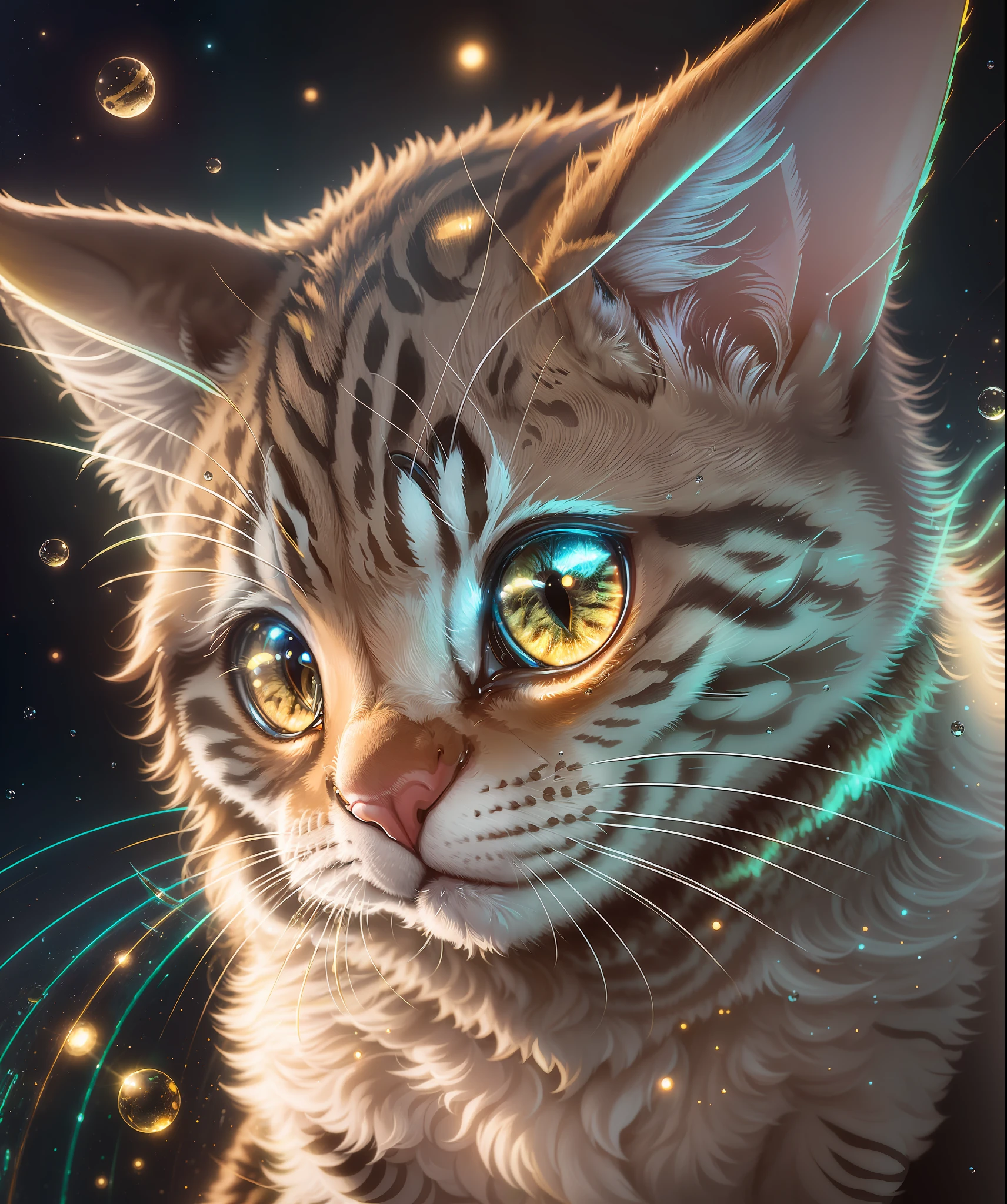 a cute cat, happy, fantasy!in the style of Otomo Katsuhiro, in a realistic hyper detailed render style, glow, yellow, bluezbrush, hyper-realistic oil, head close-up,exaggerated perspective, Tyndall effect, waterdrops,mother-of-pearliridescence,Holographic white,green background,realistic --q 5 --ar 9:16 --s 400 --auto --s2