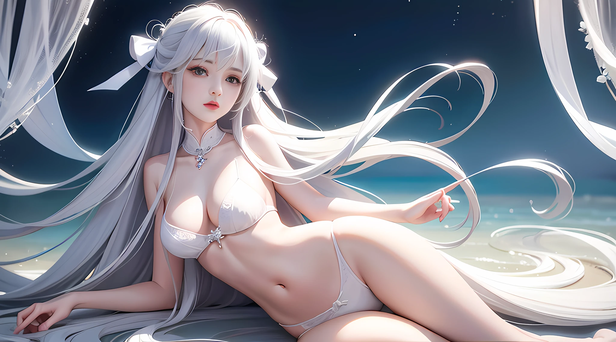 Long hair like snow appears in Güwetz art, bows dot its hair, nuanced style, by Yuyu wanders in the picture, delicate Yu, soft tones, as if the champion of the competition, perfect body proportions, sexy girls, seductive posture, long legs, realistic style.