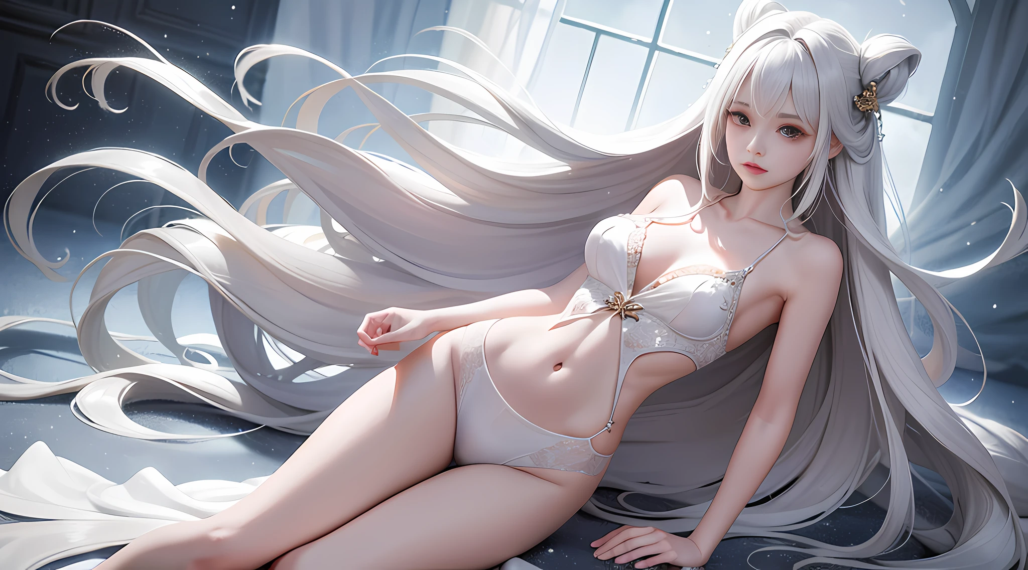 Long hair like snow appears in Güwetz art, bows dot its hair, nuanced style, by Yuyu wanders in the picture, delicate Yu, soft tones, as if the champion of the competition, perfect body proportions, sexy girls, seductive posture, long legs, realistic style.