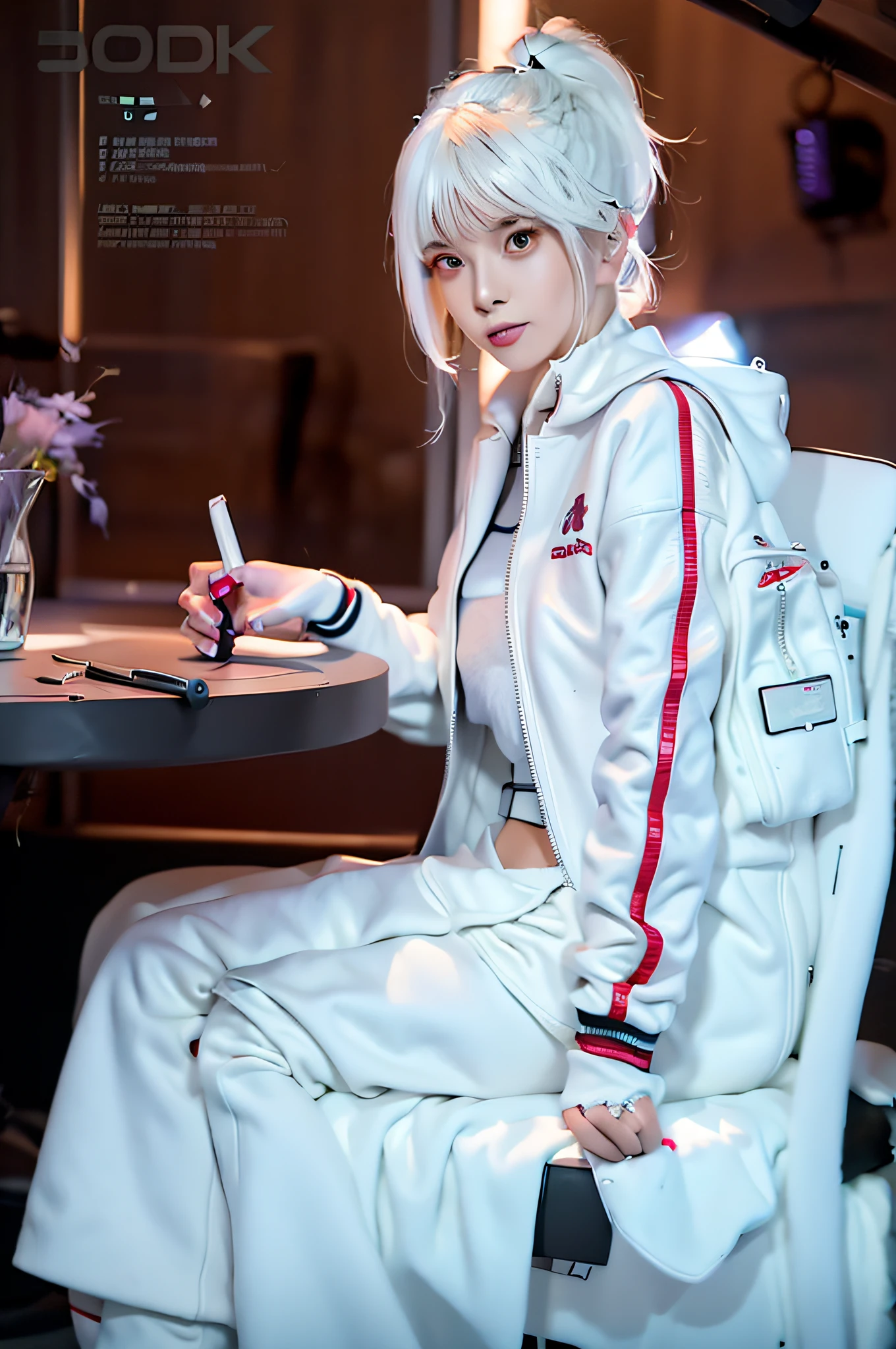 a woman sitting at a table with a cell phone in her hand, wearing track and field suit, wearing cyberpunk 2 0 7 7 jacket, smooth white tight clothes suit, cyberpunk anime girl in hoodie, wearing a track suit, trending on cgstation, 2 techwear women, trending at cgstation, styled like ghost in the shell, white red, sakimichan