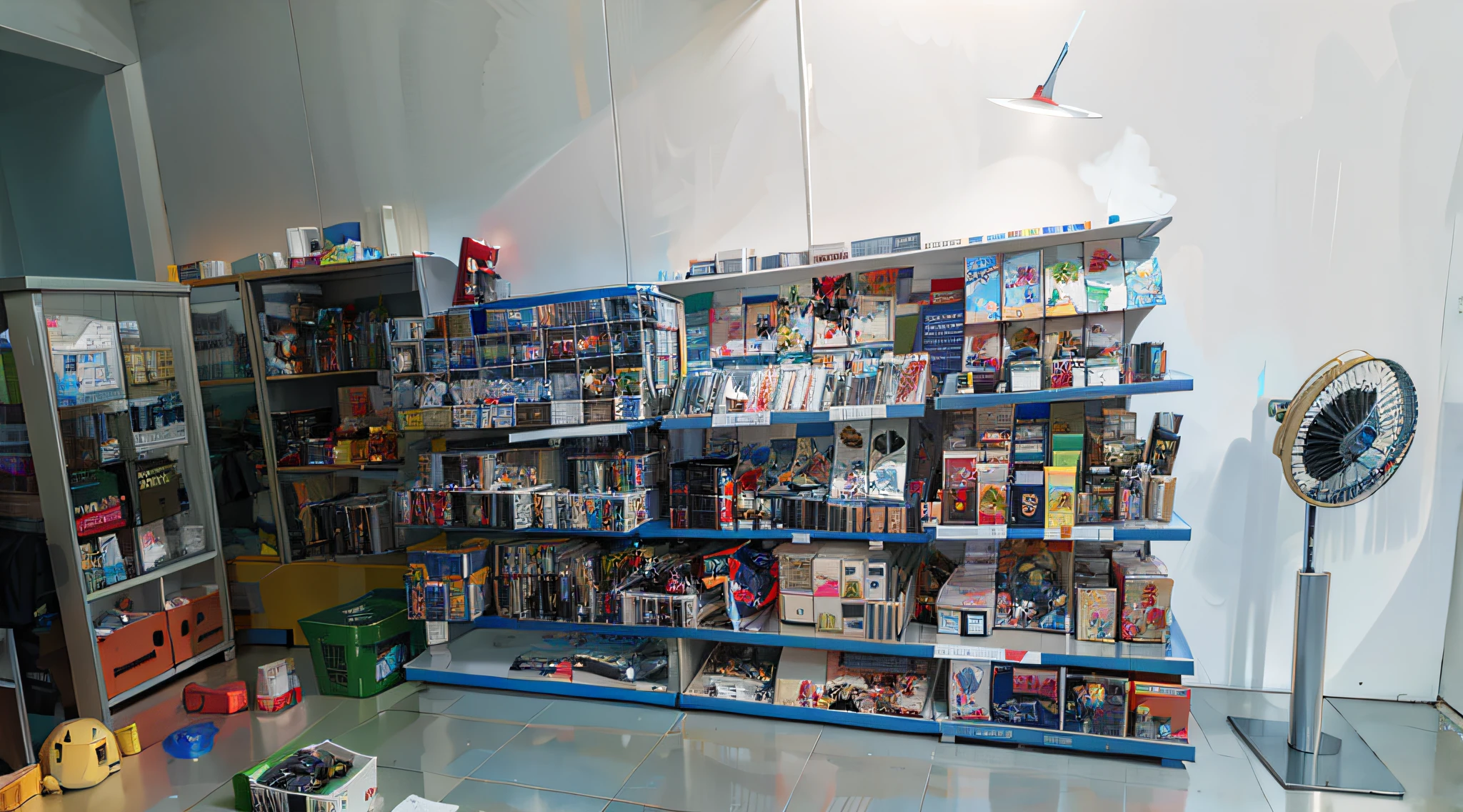 The shop sells toy figurines, gundam model kits, and has lots of gundam posters and anime characters. Vivid, bright colors, award-winning masterpiece with incredible detail, store, product display, a wide shot, shelves full, gunpla, taken on a 2010s camera, aoshima, detailed image, ; wide shot, the store, a wide full shot, toys figures, detailed wide shot, studio gainax, leaked image, high detail!!!, reddit post