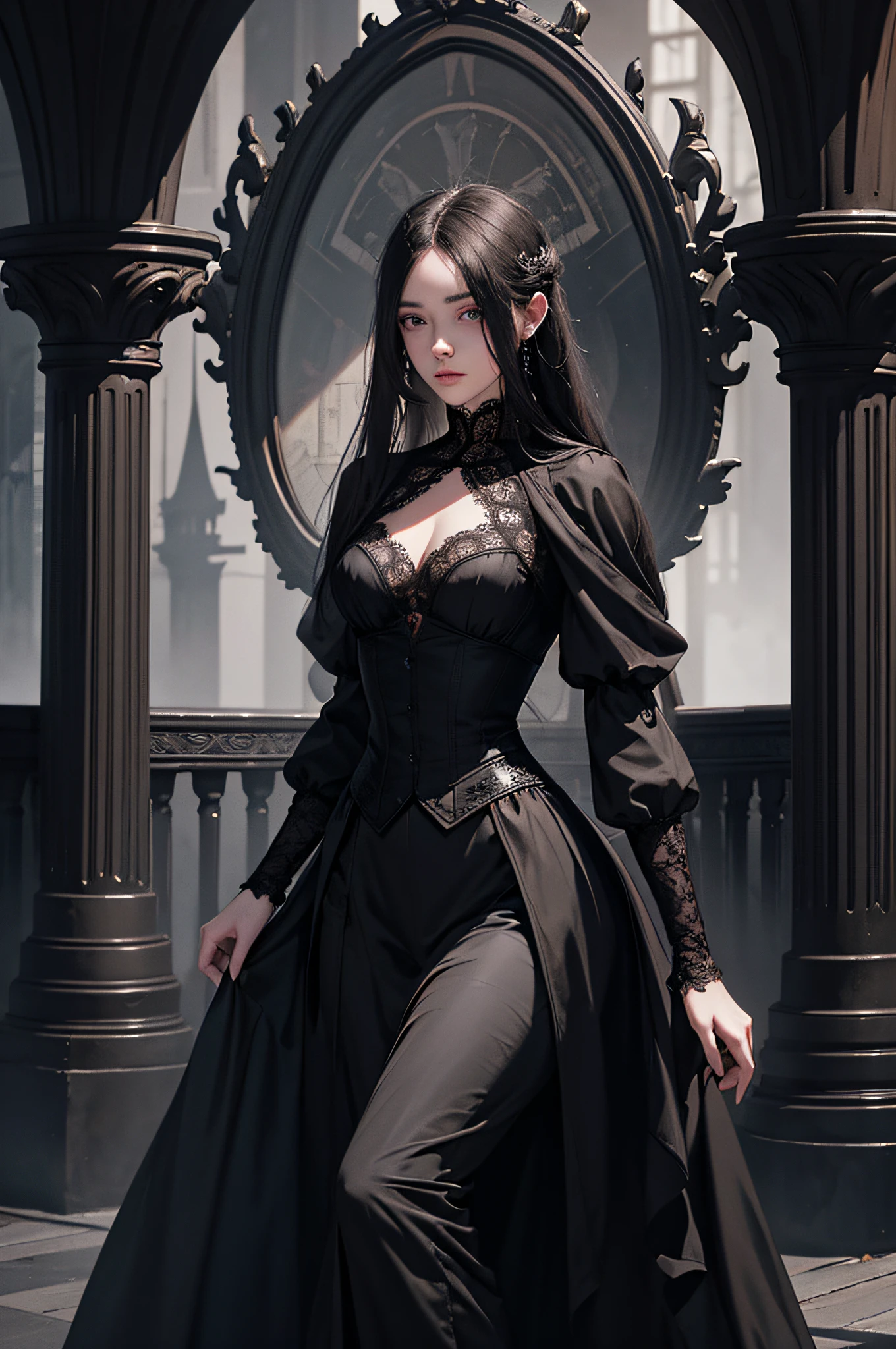 Official Art, Unity 8k wallpaper, super detailed, beautiful, beautiful, masterpiece, best quality,
darkness, atmosphere, mystery, romanticism, creepy, literature, art, fashion, victorian, decoration, intricacies, ironwork, lace, contemplation, emotional depth, supernatural,
1 girl, solo, neck, full body composition