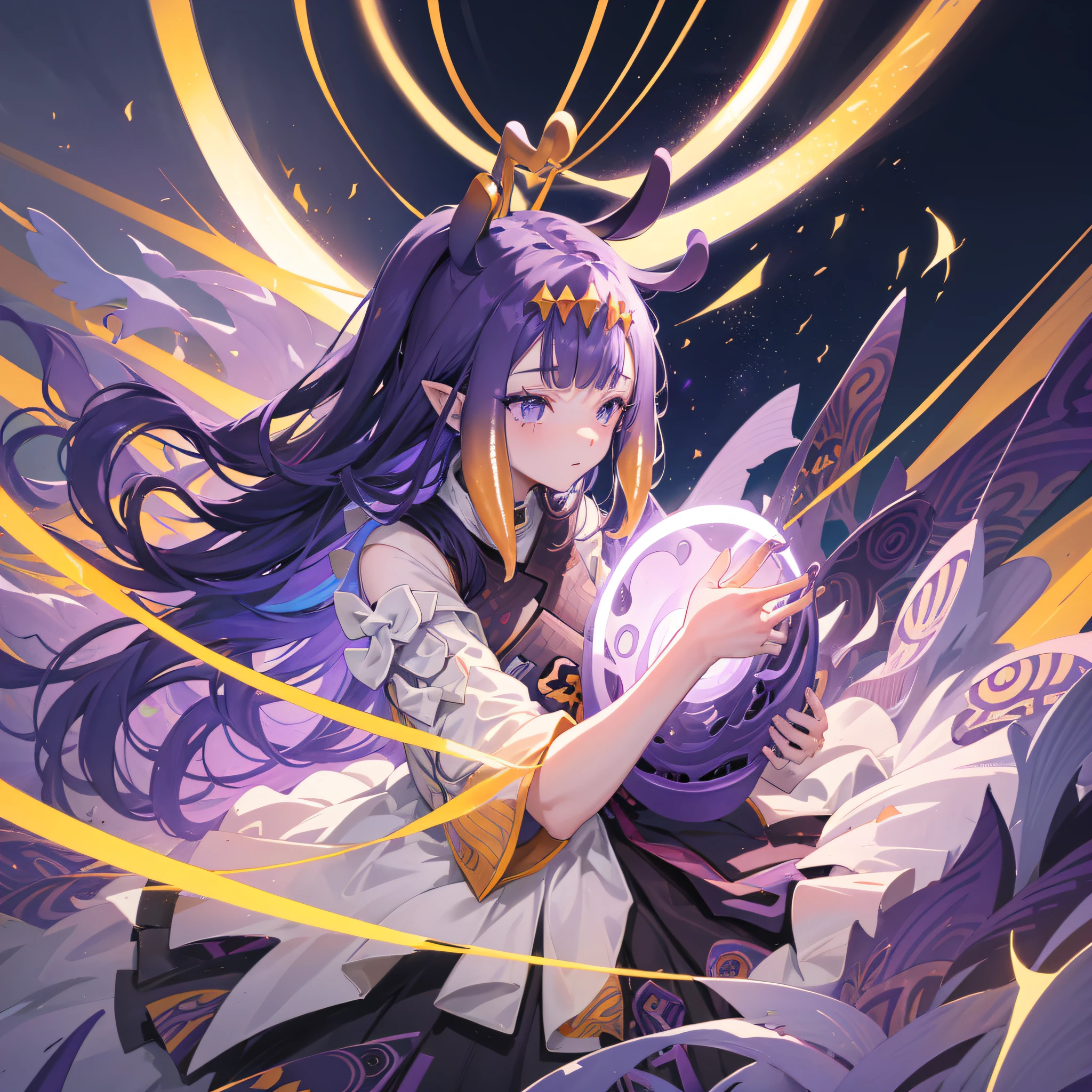 (人物: Ninomae Ina'Nis), {purple hair}, tentacle hair, purple eyes, a golden headgear(a golden tiara), {{masterpiece}}, best quality, extremely detailed CG unity 8k wallpaper, cinematic lighting, lens flare, beautiful detail eyes, side glance, colorful light, particles, a girl, solo,