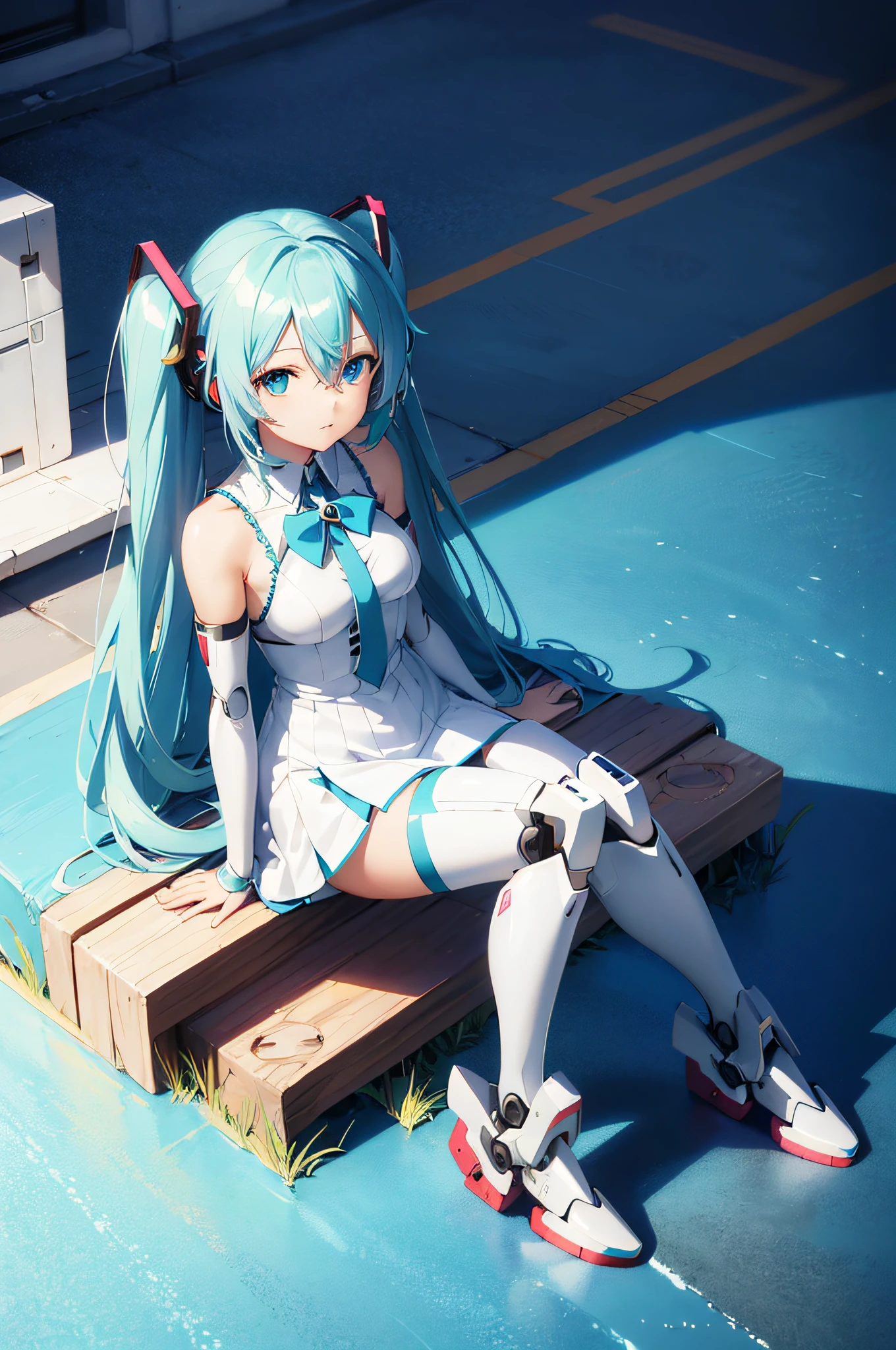 anime girl with long blue hair and white dress sitting on ground, best anime 4k konachan wallpaper, anime manga robot!! anime girl, anime mecha aesthetic, ultra hd anime wallpaper, anime style 4 k, hatsune miku, anime art wallpaper 4k, anime girl of the future, anime art wallpaper 4 k, fully robotic!! girl