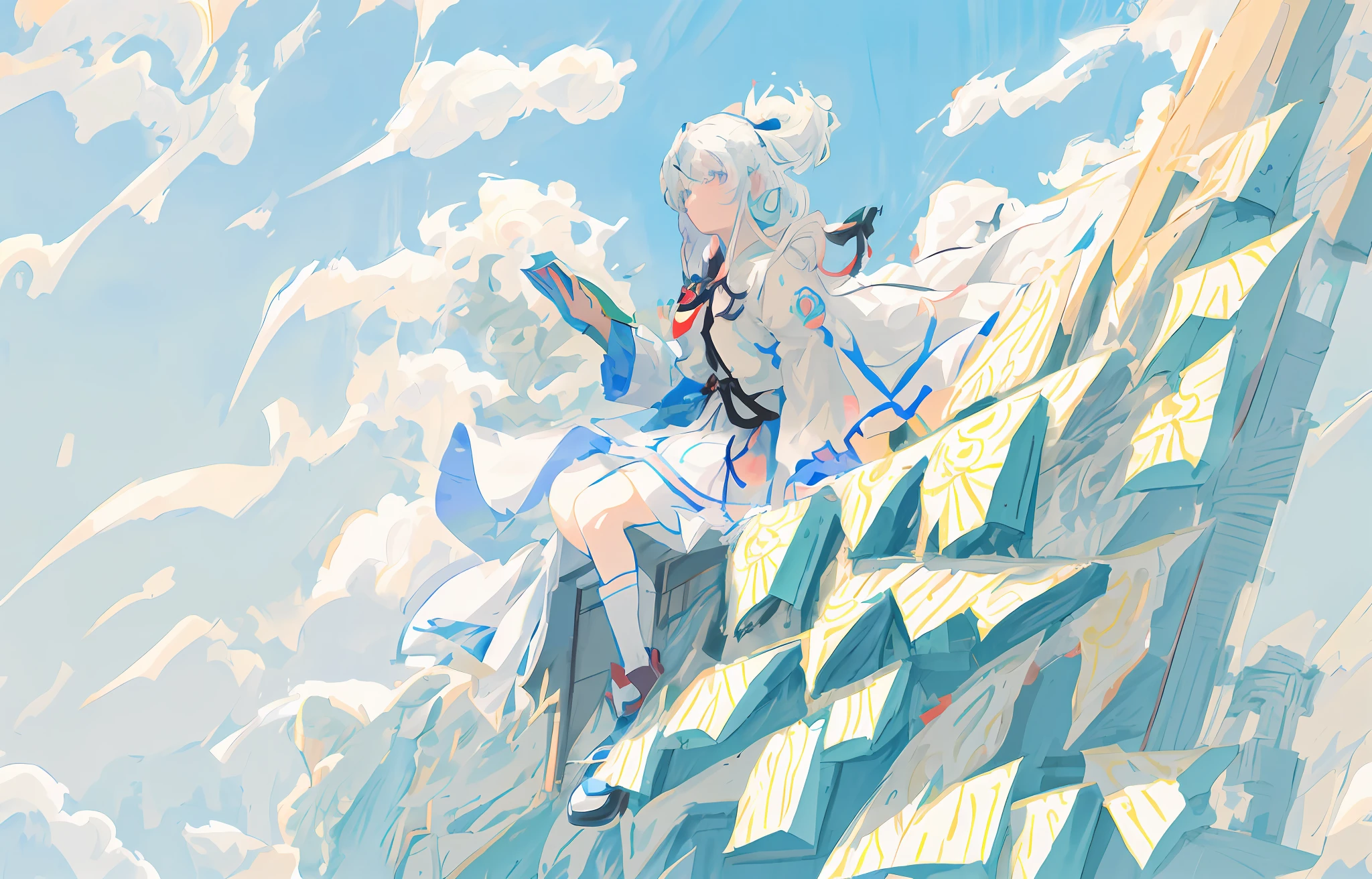 anime - style painting of a woman sitting on a roof with a book, from touhou, zerochan art, digital art on pixiv, white haired deity, anime fantasy illustration, pixiv contest winner, guweiz on pixiv artstation, beautiful anime artwork, trending on artstation pixiv, anime clouds, anime illustration, cumulus
