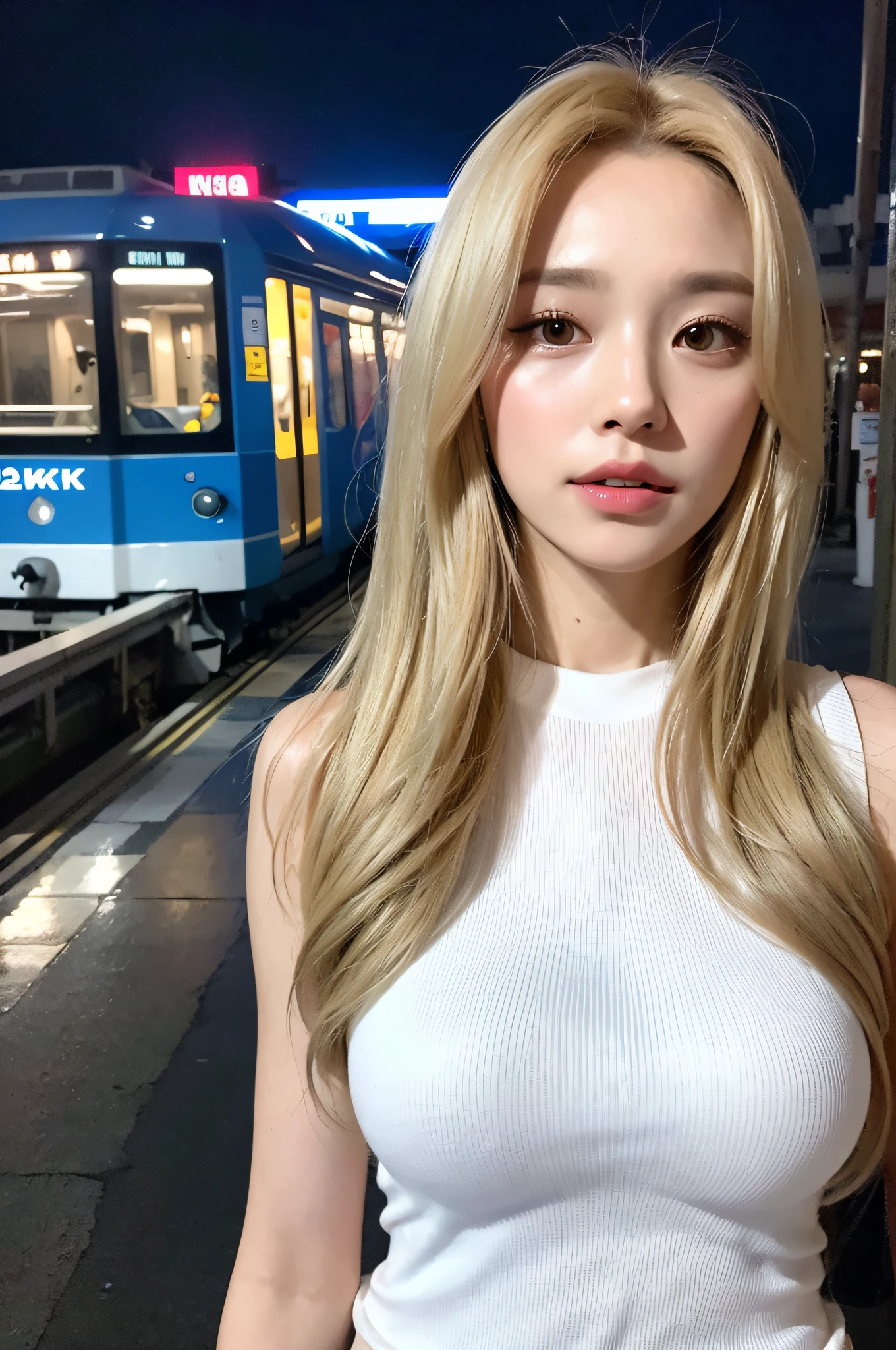 ((Best quality, 8k, Masterpiece :1.3)), Full body, Long legs, Focus: 1.2, Beautiful woman with perfect body: 1.4, Slim abs: 1.1, ((Blonde hair, Big breasts: 1.2)) , (White vest, happy expression, Standing: 1.2), ((City night view, Metro station: 1.3)), Very detailed facial and skin texture, Eye details, Double eyelids