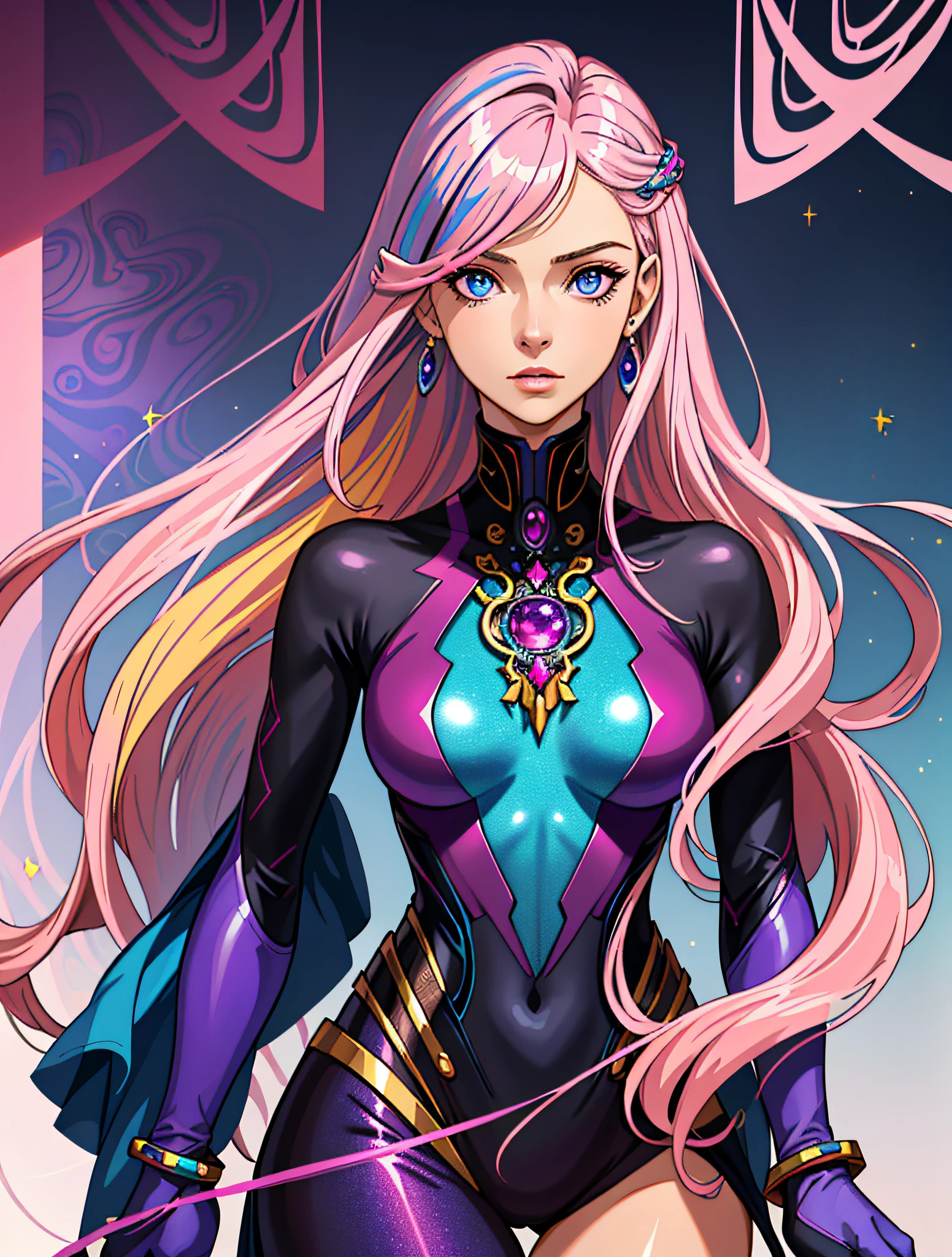 ((masterpiece, highest quality)), (photorealism: 1.3), 1girl, charming, mysterious, blue and purple eyes, multicolored eyes, long shimmering hair, flowing hair, dark blonde hair and soft pink hair, multicolored hair, gradient hair, bodysuit, jewelry, jewelry, abstract pattern, luxury, decadence