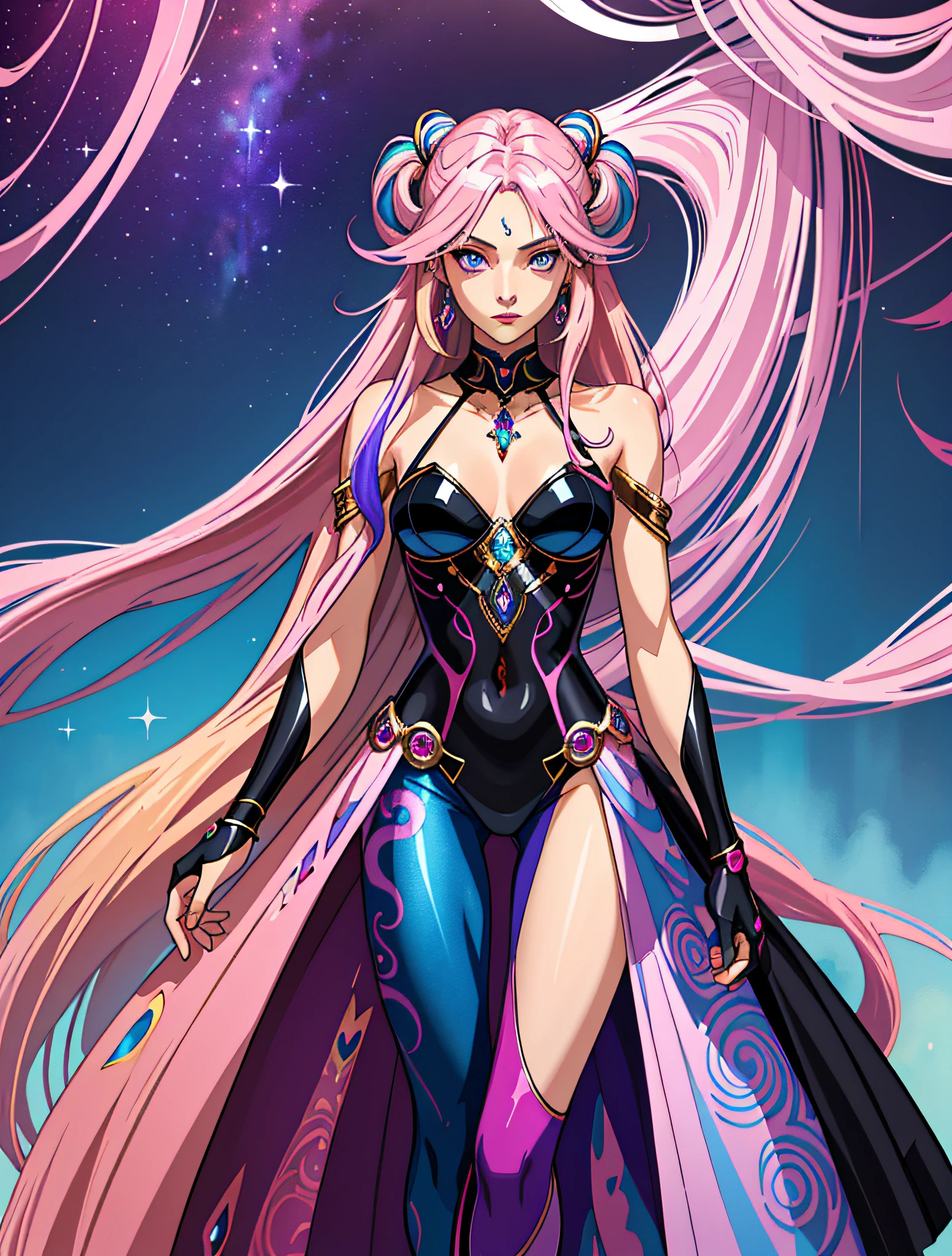 ((masterpiece, highest quality)), (photorealism: 1.3), 1girl, charming, mysterious, blue and purple eyes, multicolored eyes, long shimmering hair, flowing hair, dark blonde hair and soft pink hair, multicolored hair, gradient hair, bodysuit, jewelry, jewelry, abstract pattern, luxury, decadence