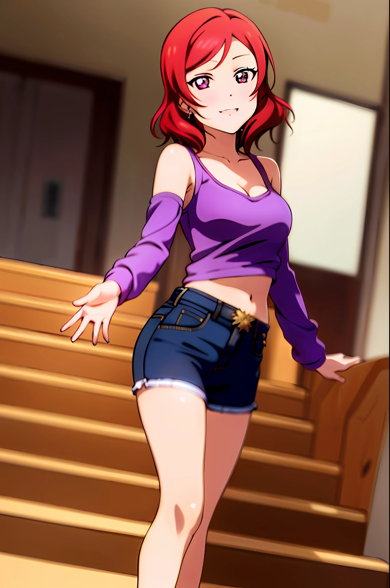 nishikino_maki, masterpiece, best quality, highres, 1girl, solo, anastasia (idolmaster), idolmaster cinderella girls, purple eyes, short hair, red hair, crop top, short jeans, cowboy shot, smile, upper_body, sexy pose,