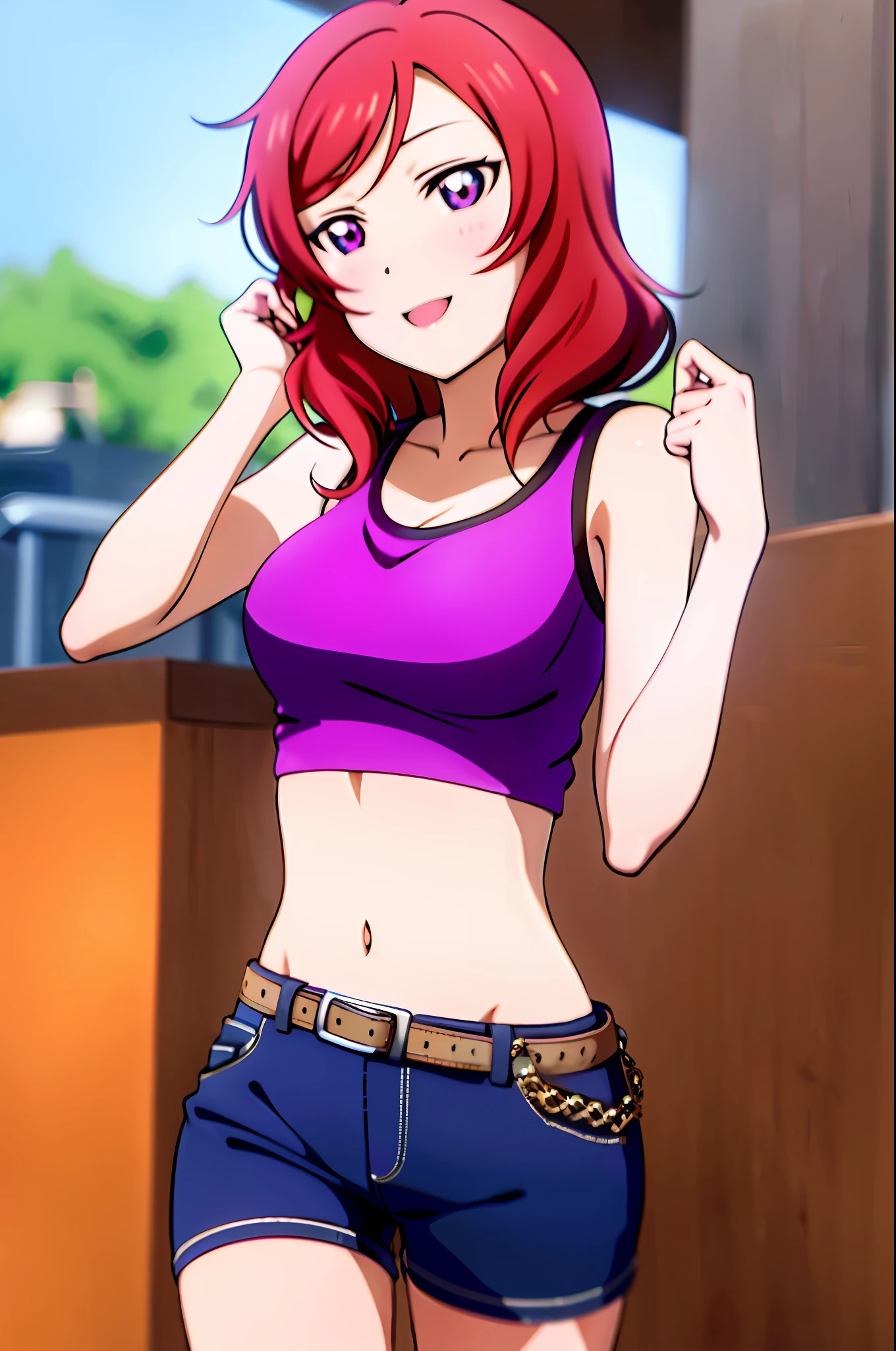 nishikino_maki, masterpiece, best quality, highres, 1girl, solo, anastasia (idolmaster), idolmaster cinderella girls, purple eyes, short hair, red hair, crop top, short jeans, cowboy shot, smile, upper_body, sexy pose,