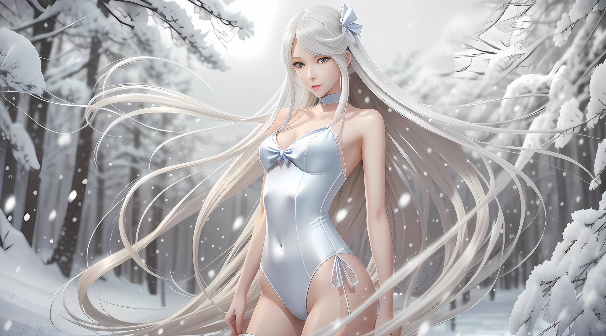 Long hair like snow appears in Guwiz art, bows dot its hair, nuanced style, in the picture, dignified and elegant, but also sexy, delicate, soft tones, as if the champion of the whole game, perfect body proportions, sexy girl, posture seduction, slender long legs, realistic style.