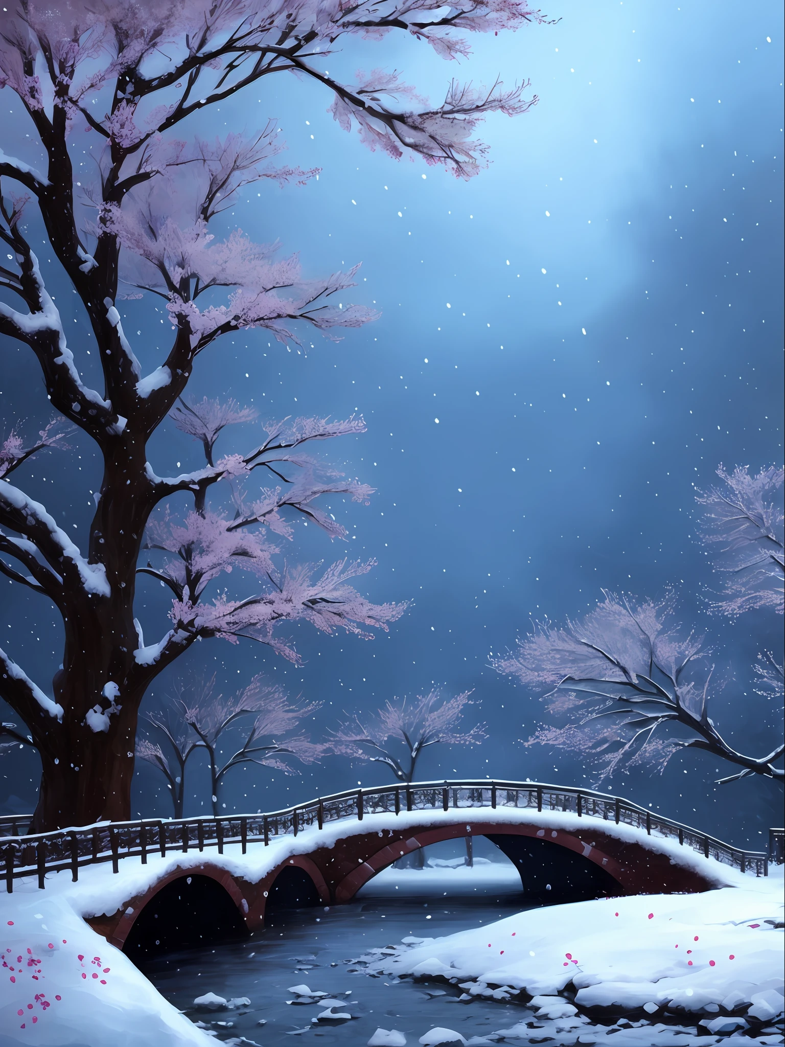 Snow scene with a bridge and a tree with red plum blossoms, winter concept art, beautiful digital artwork, background artwork, illustration! , beautiful artwork, winter scene fantasy, beautiful digital painting, winter painting, beautiful artwork illustration, landscape artwork, gorgeous digital painting, art illustration, stunning digital painting, very beautiful digital art, beautiful digital art, inspired by Evander Earl