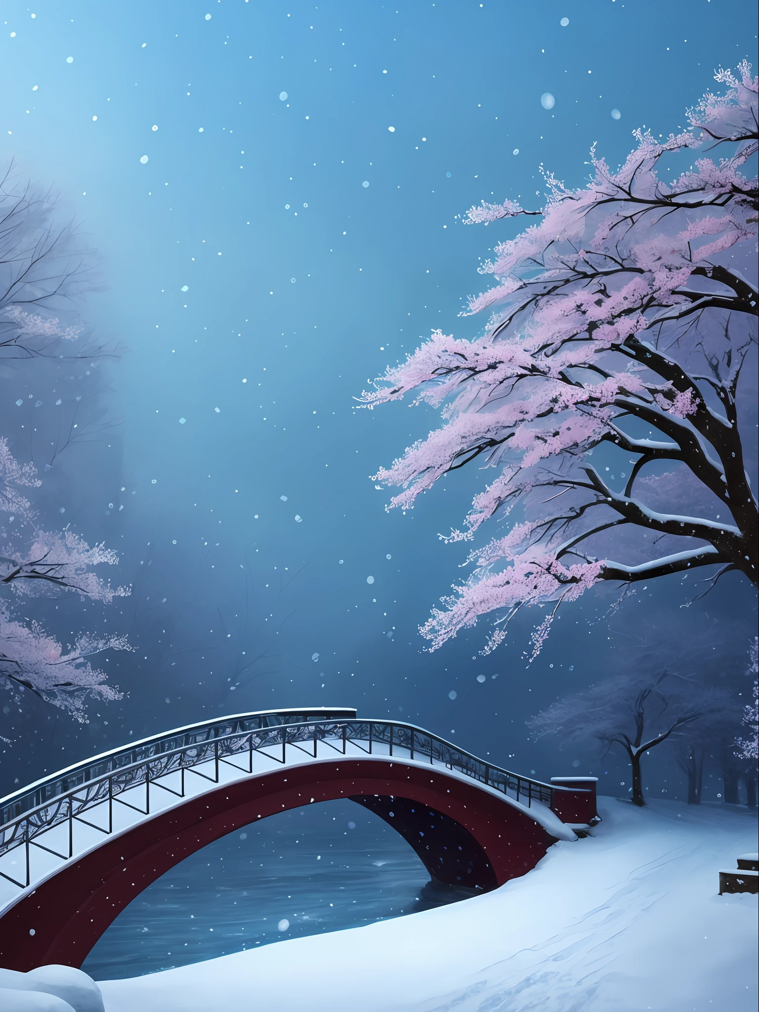 Snow scene with a bridge and a tree with red plum blossoms, winter concept art, beautiful digital artwork, background artwork, illustration! , beautiful artwork, winter scene fantasy, beautiful digital painting, winter painting, beautiful artwork illustration, landscape artwork, gorgeous digital painting, art illustration, stunning digital painting, very beautiful digital art, beautiful digital art, inspired by Evander Earl