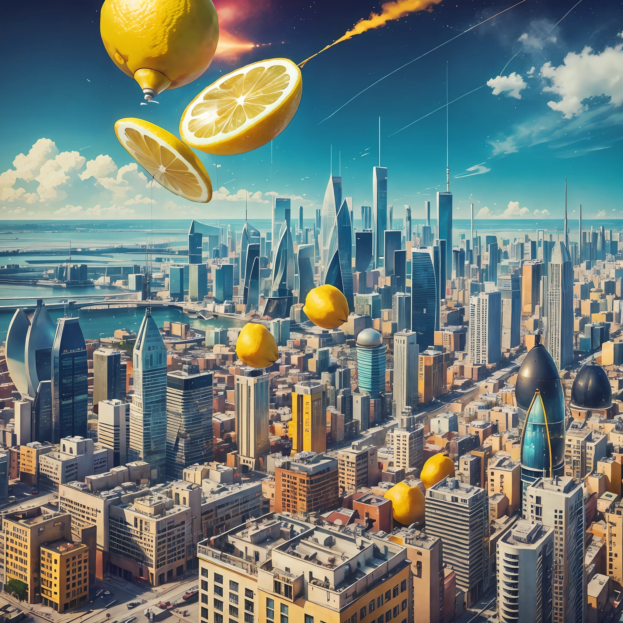 Lemon suspended in the air, city in background, inception, planes, drones, rockets, city buildings using dopamine color. --auto --s2
