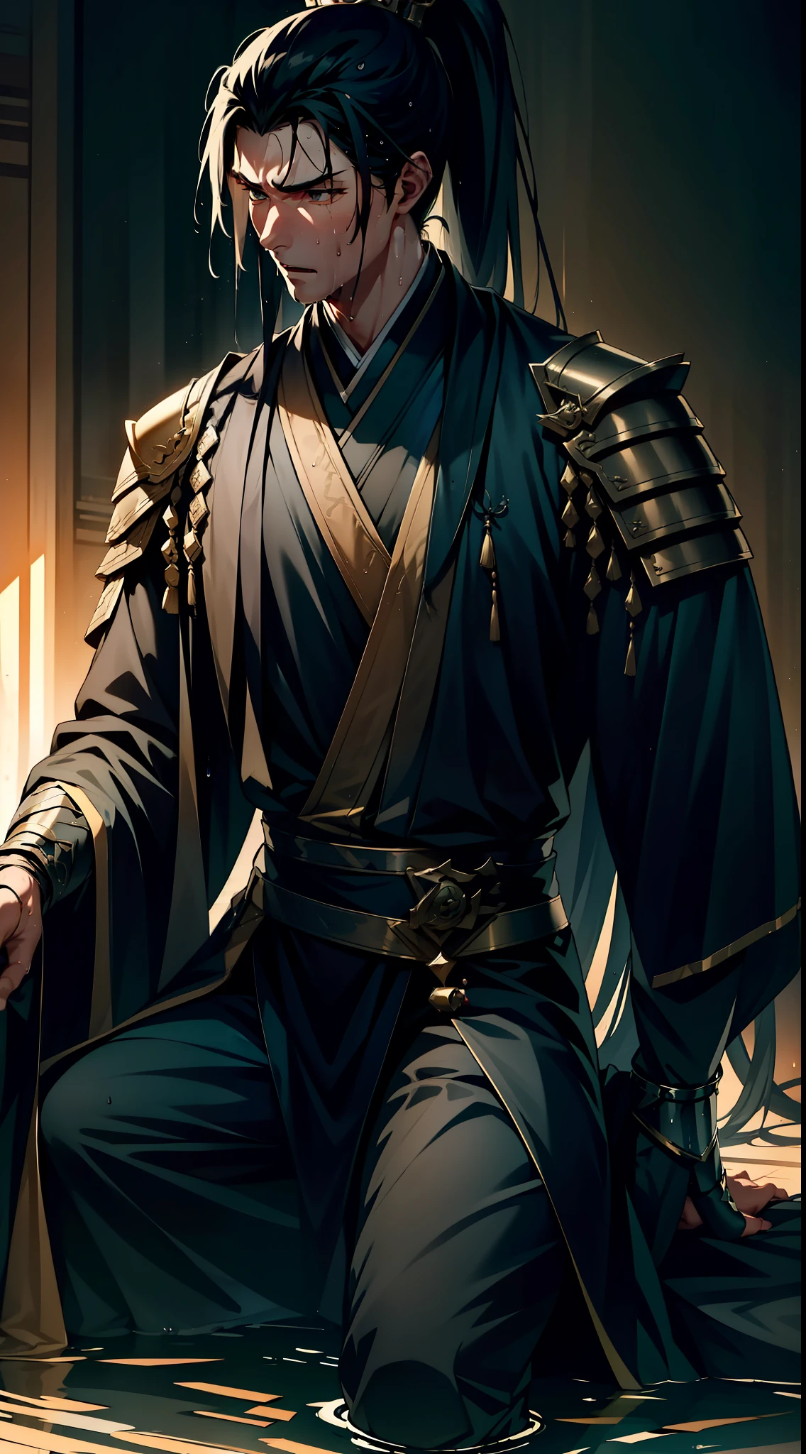 Two-dimensional, anime style, man (male warrior), muscle, correct proportions, face details, martial arts, high ponytail hairstyle, sweating, sweaty face, drooling, neck details, with Adam's apple, wet, wet, Hanfu costume, long robe, embroidered robe, dragon robe, clothing details, collar, long sleeves, game quality, swordsman demeanor, light and shadow tracing, ray tracing, detail glow, CG rendering, hair details, long black hair, golden eyes, sweaty face, handsome, handsome, sweat beads slipping down the neck, (juvenile feeling), complex clothing, wet, wet, perfect composition, refinement, high quality, more details, a lot of details, complex background, atmosphere,