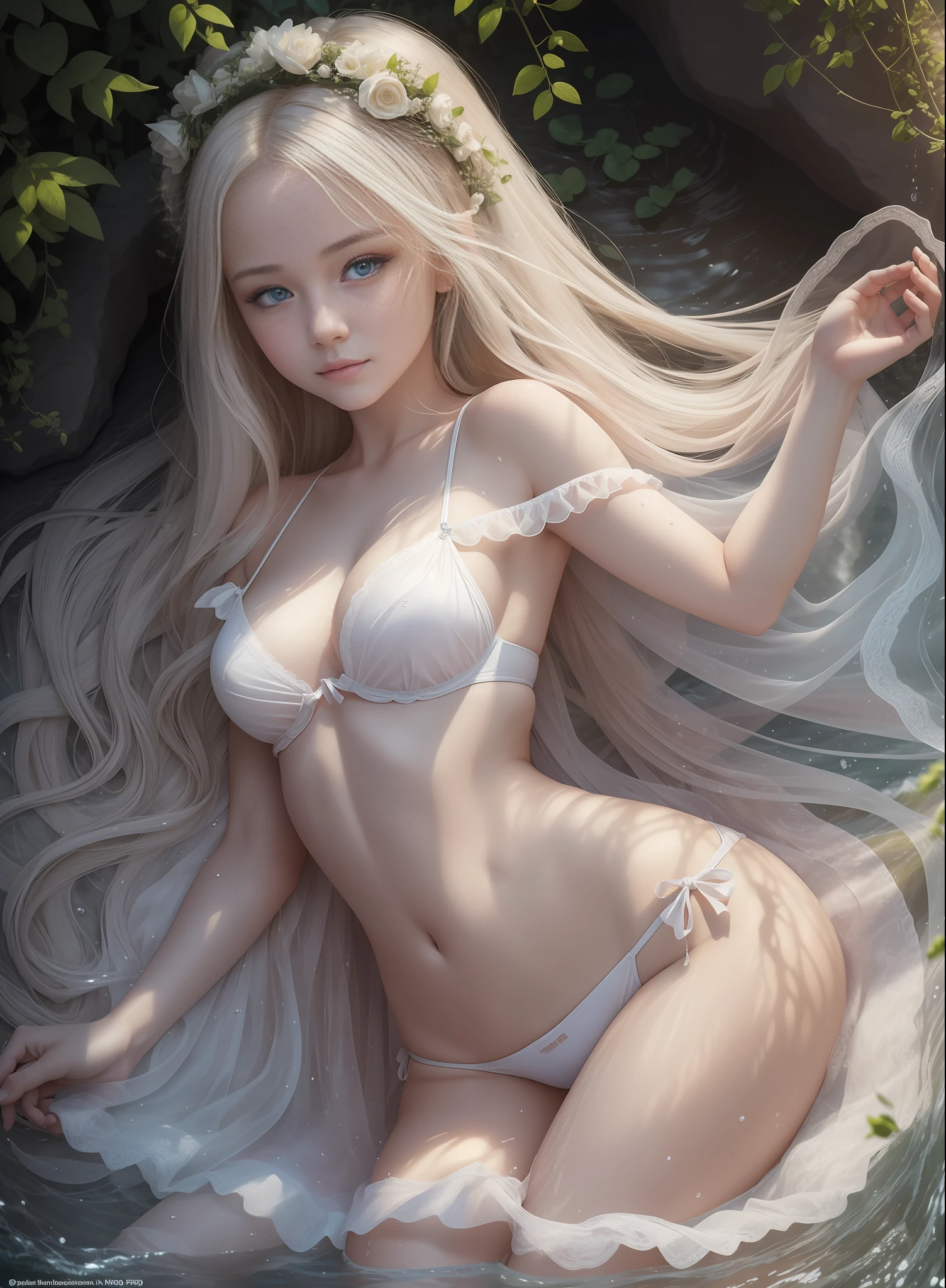 full shot, full detailed body, horizontal orientation of the portrait, erotic masterpiece, Romantic mood, miniature lolita 20 years old albino rapunzel in a transparent tunic walking barefoot along the seashore on the left, a wave and sea foam dousing the girl's legs with a wave,detail wet body and legs,wet skin  , in detail the physique of an endomorph is graceful and tender and beautiful girlish, in detail a small girlish breast with protruding, in detail the shape of the chest is fox noses, in detail through the translucent fabric of the panties, a convexity of female charms is visible, in detail the illumination of the scene from the right behind the sun falls forming a rim light around the contours of the girl, in front  Soft light is reflected and illuminates the face and body in soft beautiful chiaroscuro, taken with Nikon Z9 NIKKOR Z 135mm f/1.2 telephoto lens, beautiful chiaroscuro, hyperrealism, brightness, 8k, best quality, UHD, masterpiece, super detail, best quality, sute met  -art, Thomas Bichler style, romantic erotic masterpiece --auto --s2