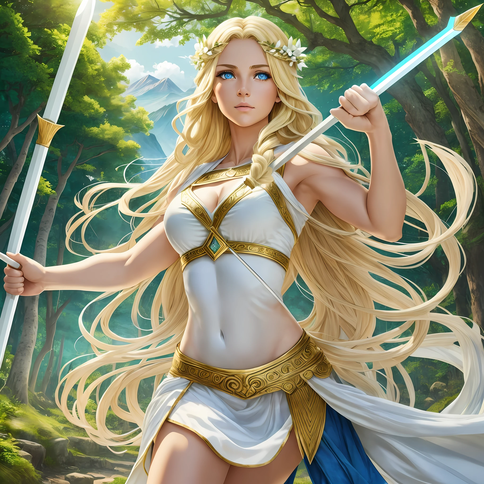 Young goddess of wild nature and hunting, With (((blonde hair))) and (((blue eyes))), Is stunningly beautiful, Is fair-skinned, Is slender and tall, Shows off her pair of perfect long legs, Wears {a sleeveless, (very short: 1.7), (white:1.5), greek chiton, with golden borders}, Abs, "looks stern and determined", (Is throwing a spear:1.5), ((Javelin throw)), mythical Arcadian mountains and forests, Greek mythology, vibrant and lively atmosphere, photorealistic, super high quality, super detail, super hand description, masterpiece, 8K, HDR