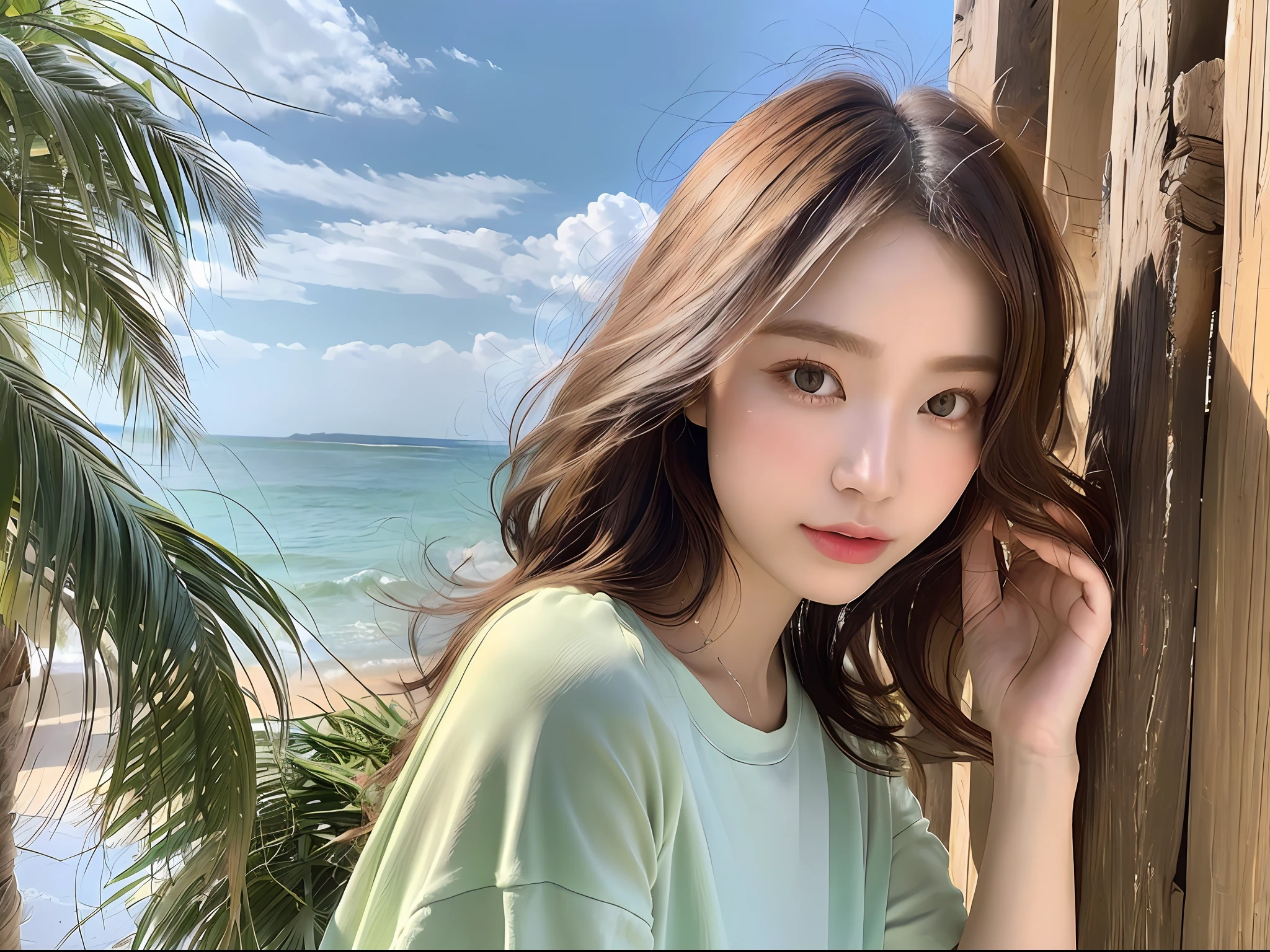 (8k, highest quality, masterpiece: 1.2), (hair_style), (realistic, photorealistic: 1.37), plump eyes, highest quality, masterpiece, in the summer sun, sky and sea background, shot on wooden deck, [small breasts], backlit, shooting from the waist up, camera angle from below, pose with hair raked up with hands, shot in natural light from morning to noon, Hairstyles and fashion styles that match the Japan trends of 2023, realistic, super detailed, 30s, actress, half Japanese and Russian half model, elaborate CG, slender, adorable, hairstyle matches the fashion of Japan in 2023 layer cut that flutters in the wind, delicate skin type, fine details and softness, model hair color is bright and soft, Choose a short-length T-shirt that matches the summer trends of 2023 and pair it with pale pastel colors for surf fashion.