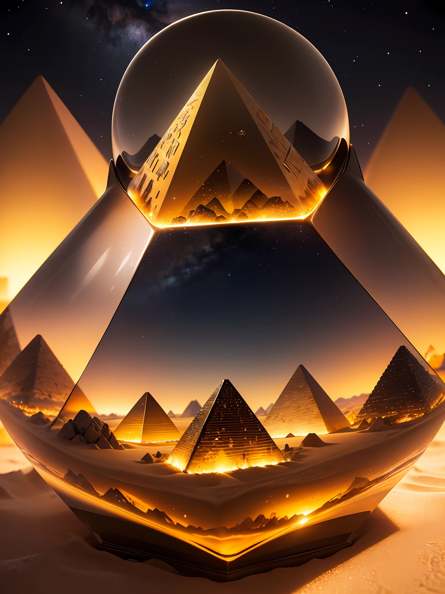 Ultra-realistic, 16K high resolution, (Max Sharp Focus: 1.3), (Max Close-up: 0.5), (Pyramid of Khufu trapped in a crystal perfect ball with pedestal on table: 1.7), (Milky Way shining in the night sky, sand dunes, desert, cactus, dramatic: 1.2)