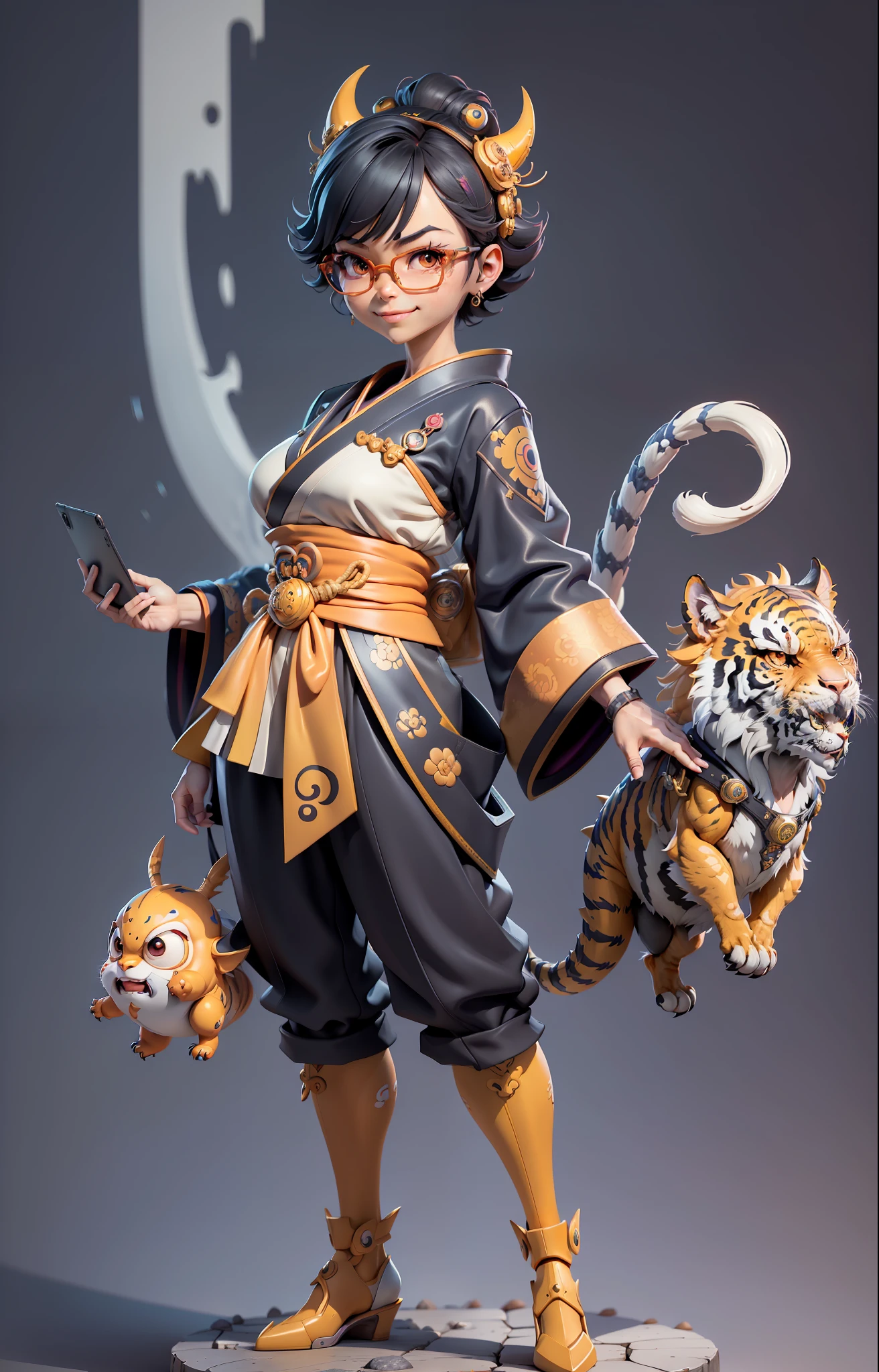 (Masterpiece), (Excellent), (Super Meticulous), (Full Body: 1.2), Super Young Woman, Japanese Geisha, Beauty, Chinese Dragon, Tiger, Wind God Thor, Sexy, Bursting, Oriental Face, TV Anchor, Bust Portrait Illustration, Alone, Black Suit, Blue Tie, Slightly Chubby, Very Clean Face, Silver Glasses, Black Super Short Hair, Black Eyes, Confident Smile, 3c Computer Sub-Products, iPad, iPhone, Digital Painting, 3D character design by Mark Clairedon and Pixar and Hayao Miyazaki and Akira Toriyama, the illustrations are HD illustrations in 4K resolution with highly detailed facial features and cartoon-style visuals.