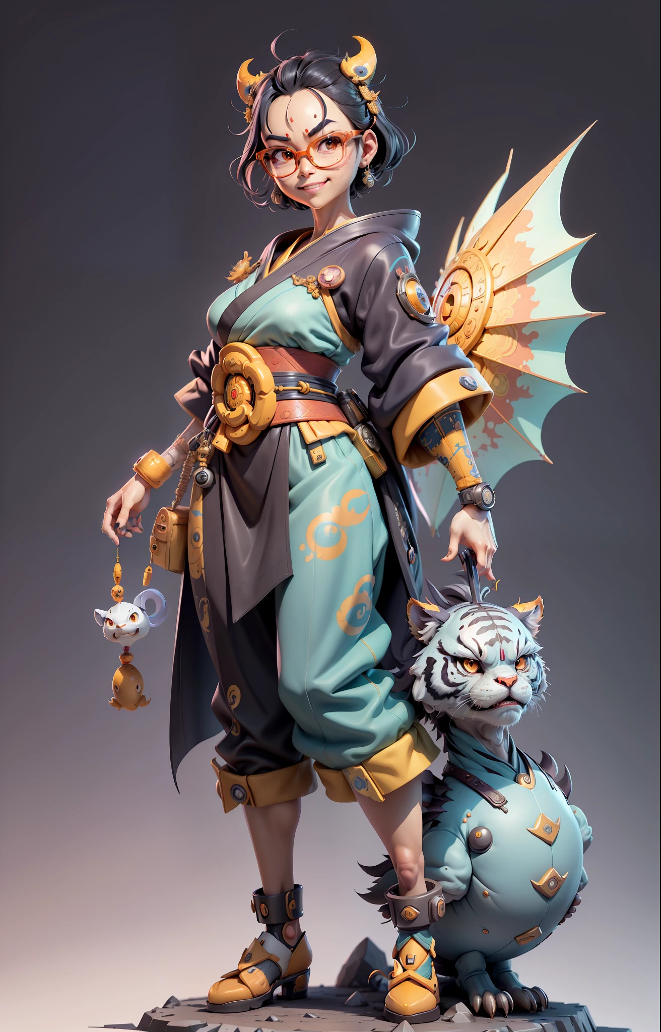 (Masterpiece), (Excellent), (Super Meticulous), (Full Body: 1.2), Super Young Woman, Japanese Geisha, Beauty, Chinese Dragon, Tiger, Wind God Thor, Sexy, Bursting, Oriental Face, TV Anchor, Bust Portrait Illustration, Alone, Black Suit, Blue Tie, Slightly Chubby, Very Clean Face, Silver Glasses, Black Super Short Hair, Black Eyes, Confident Smile, 3c Computer Sub-Products, iPad, iPhone, Digital Painting, 3D character design by Mark Clairedon and Pixar and Hayao Miyazaki and Akira Toriyama, the illustrations are HD illustrations in 4K resolution with highly detailed facial features and cartoon-style visuals.