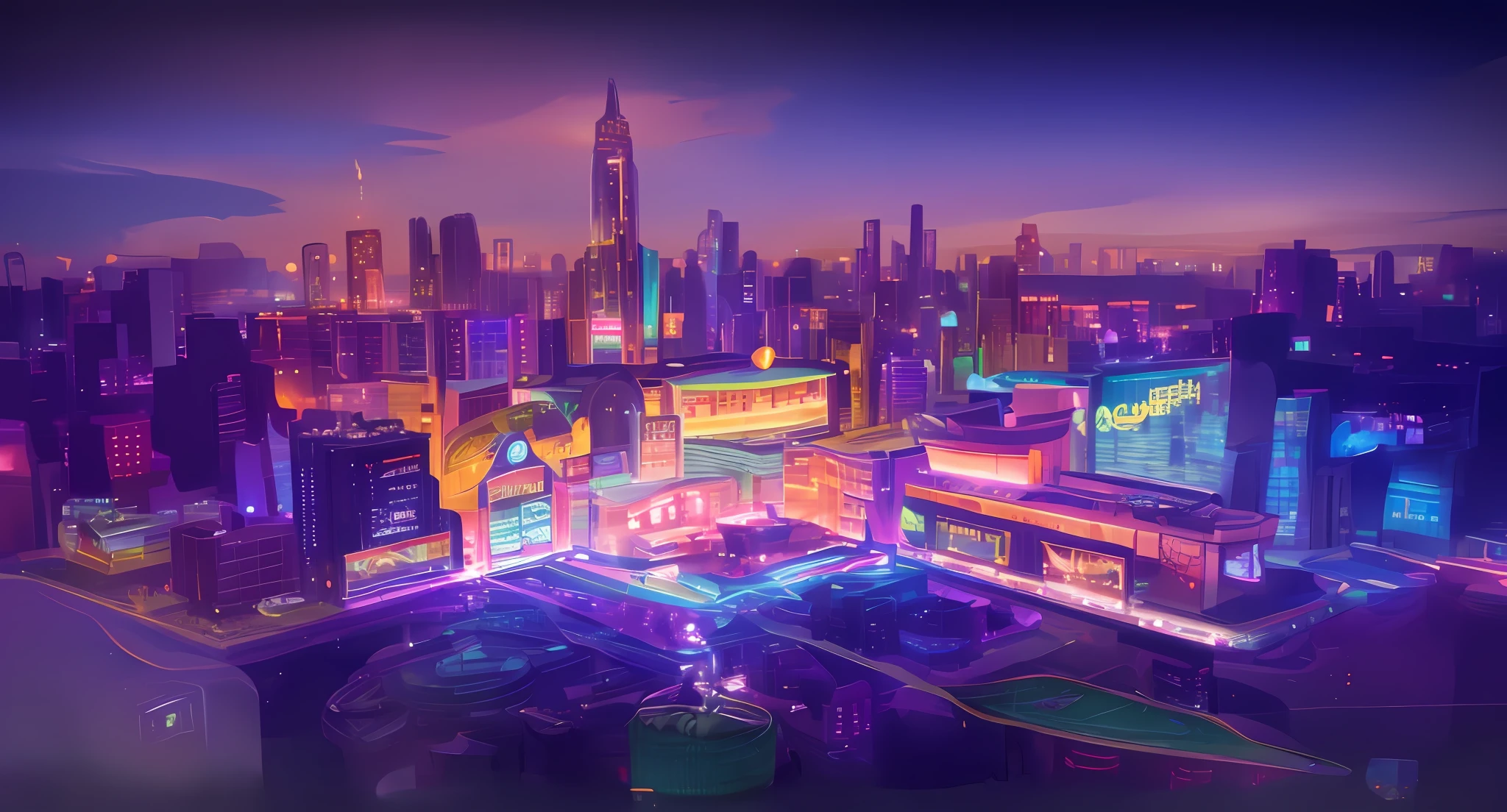 cartoon city scene, casino building, futuristic metropolis, neon signs, cityscape, gradient night sky, led screen on building, holographic display, skyline, skyscraper, macaron tones, masterpiece, best quality, illustration, 8K, UDH, luminosity