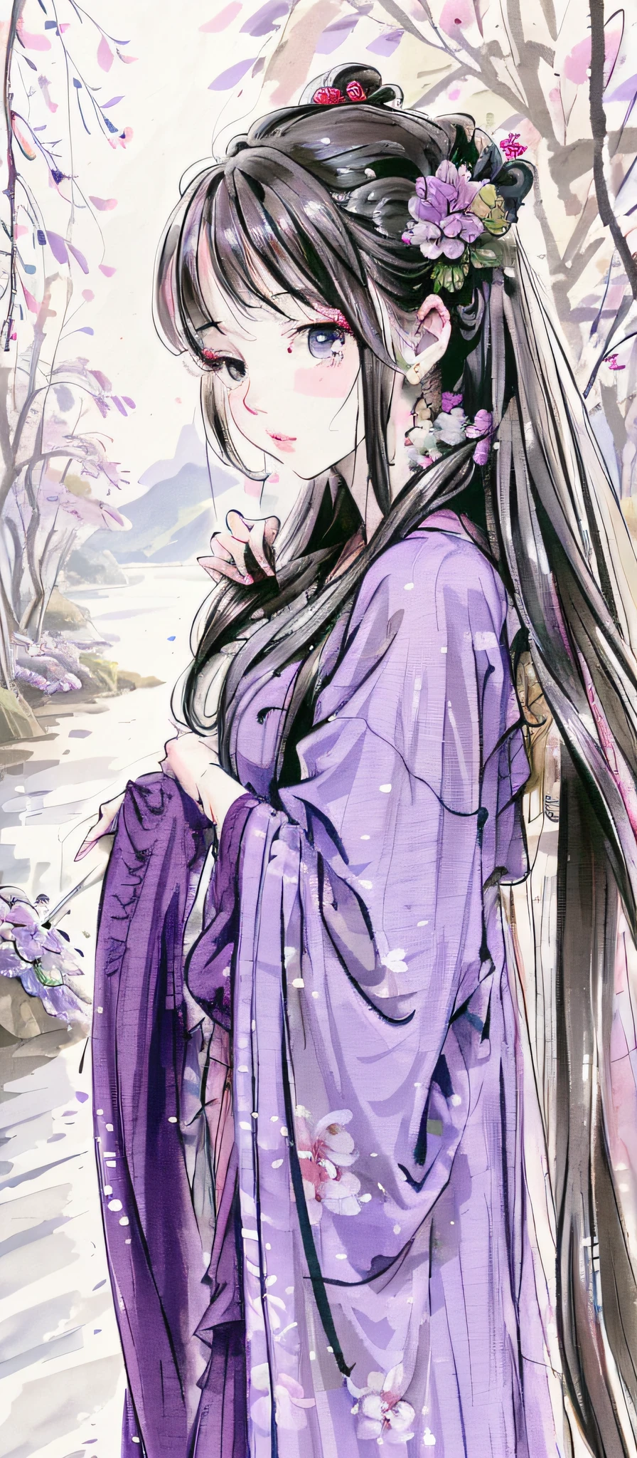 masterpiece, best quality, official art, 8k wallpaper, highly detailed illustration, single woman, woman in her 40s, long hair, pink interpolation, purple eyes, long hair, detailed eyes, forest, bare shoulders, han clothes, lake, calm, sober eyes, wisteria flower, flower