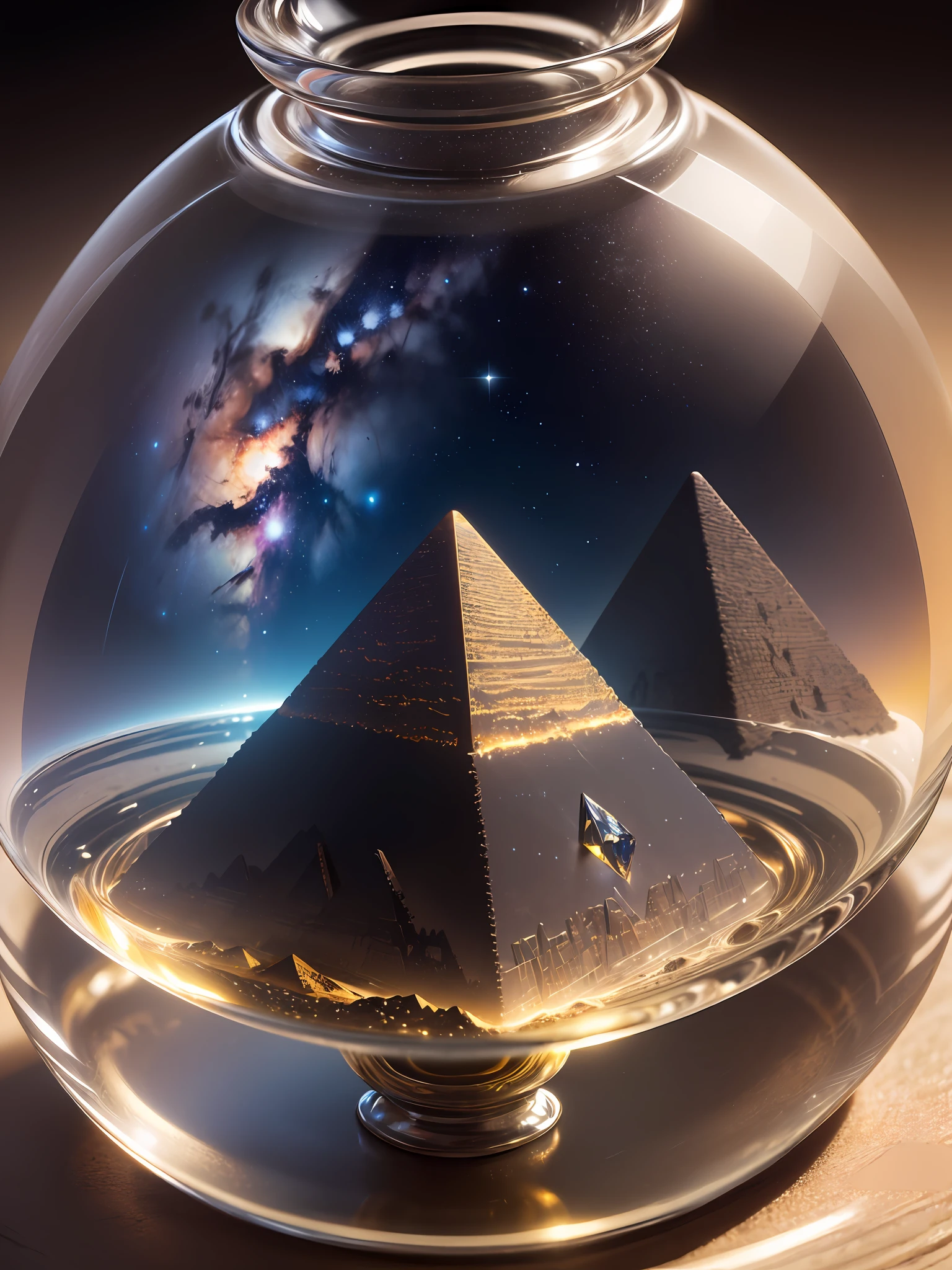 Ultra-realistic, 16K high resolution, (Max Sharp Focus: 1.3), (Max Close-up: 0.5), (Pyramid trapped in a crystal perfect ball with pedestal on table: 1.7), (Milky Way, desert, dramatic shining in the night sky: 1.2)