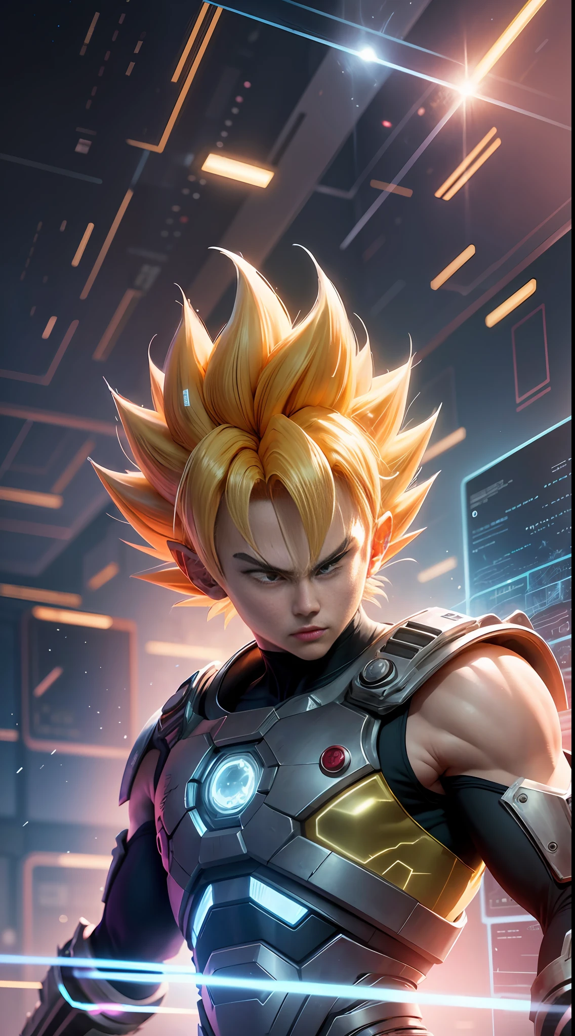"Dragon Ball" + "Translucent holographic projection to the world of 2023", abstract, dreamy, Super Saiyan Kakarot, digital grid effects, complex environments, distortion, drawn by Tetsuya Nomura by Katsuhiro Otomo and Akira Toriyama, "perfect shadow", cinematic lighting, depth of field, Vray, volume lighting, center shot, dynamic pose, post Production, Professional Color Grading --auto --s2