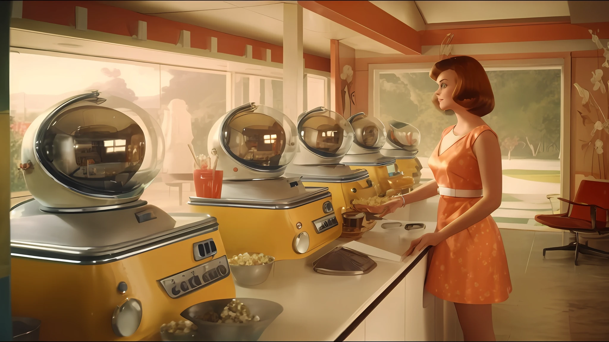 There's a man standing at the counter with a bunch of machines, matte art, vintage 6 0 s fashion, Vraytracing, 5 0 s, movie summer vibrancy, still from L'Estate, Clyde Waldwell, glass helmet, panoramic morphing, popcorn machine, trend in Artstaion, Thomas Stewart Burnett --auto --s2