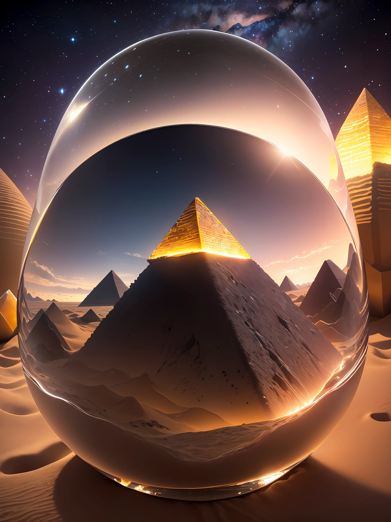 Ultra-realistic, 16K high resolution, (Max Sharp Focus: 1.3), (Max Close-up: 0.5), (Pyramid trapped in a crystal perfect ball with pedestal on the table: 1.7), (Milky Way shining in the night sky, dunes, desert, cactus, dramatic, black clouds, lightning: 1.2)
